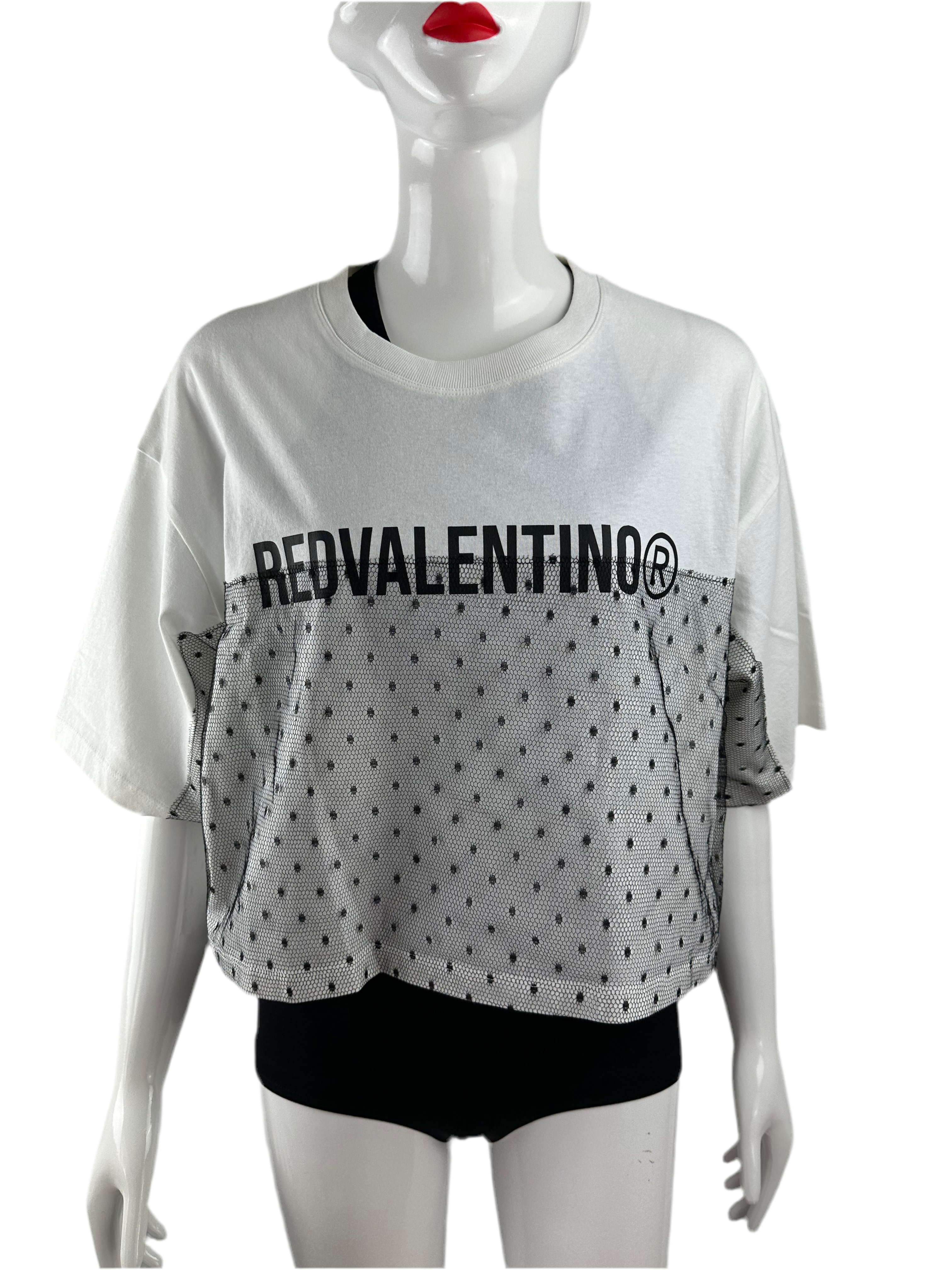 Red Valentino logo T-shirt with Tulle Point d'esprit - size XS