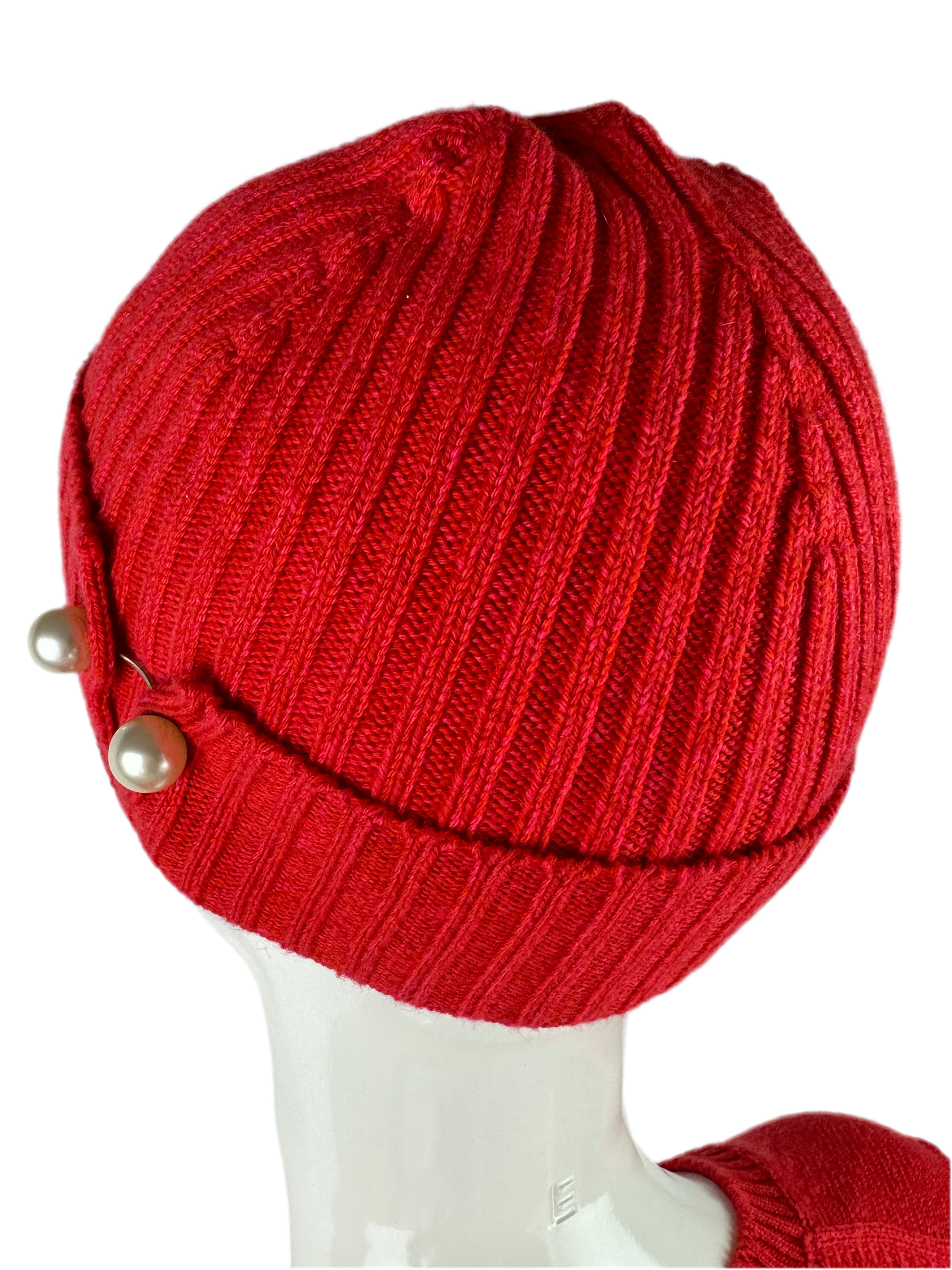 Chanel red woven winter beanie hat with pearl detail