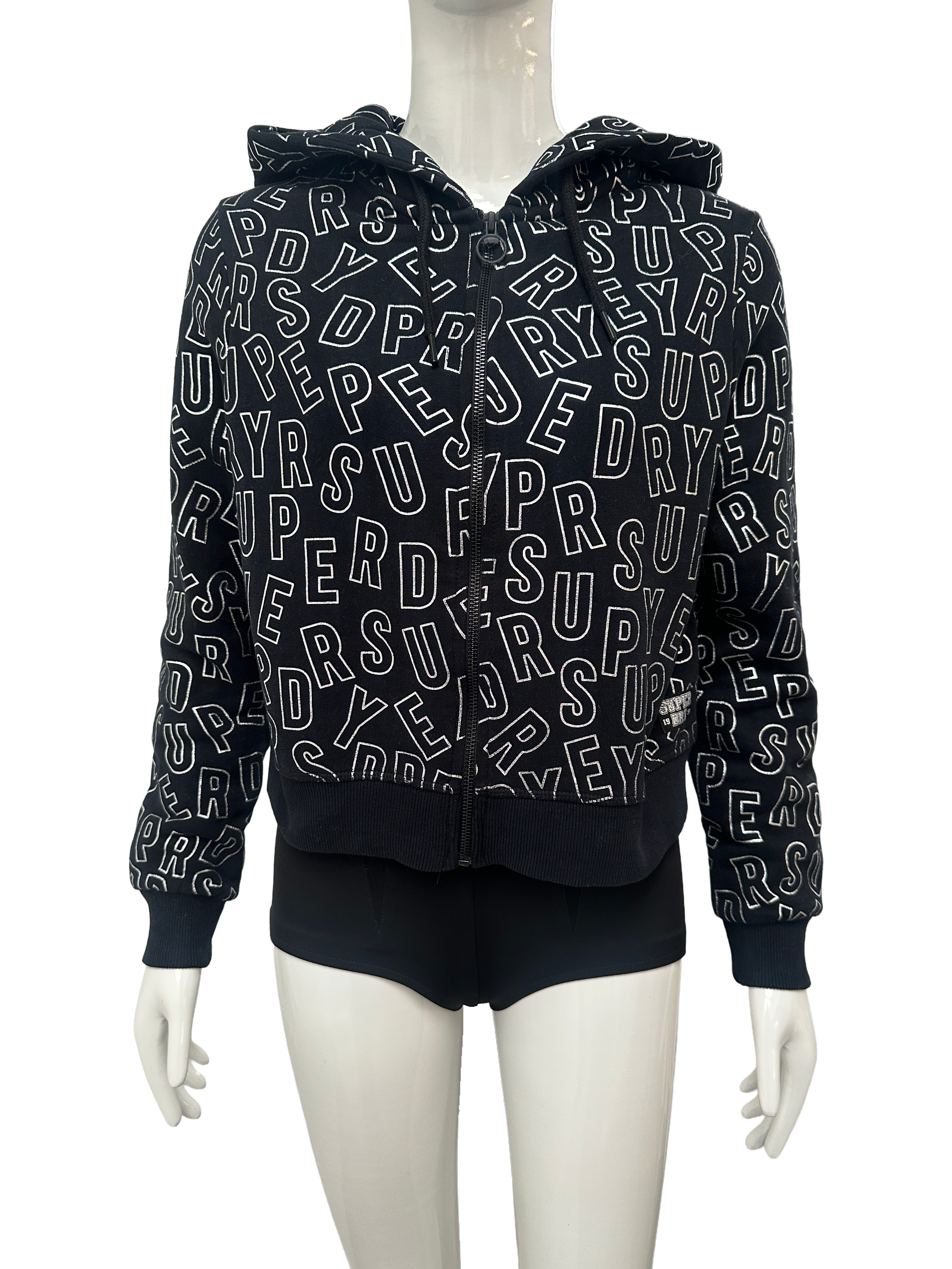 Superdry black all-over logo zip hoodie - size 38