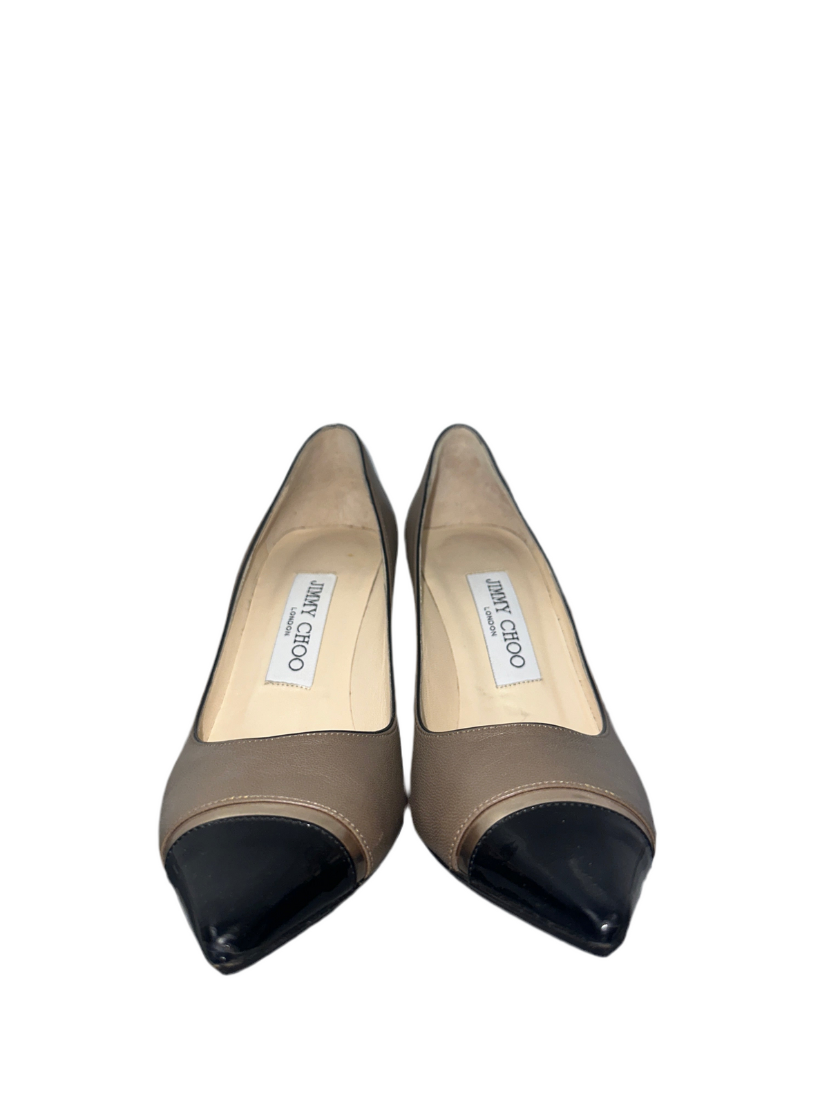 Jimmy Choo taupe leather with patent black leather cap toe pumps - size 36