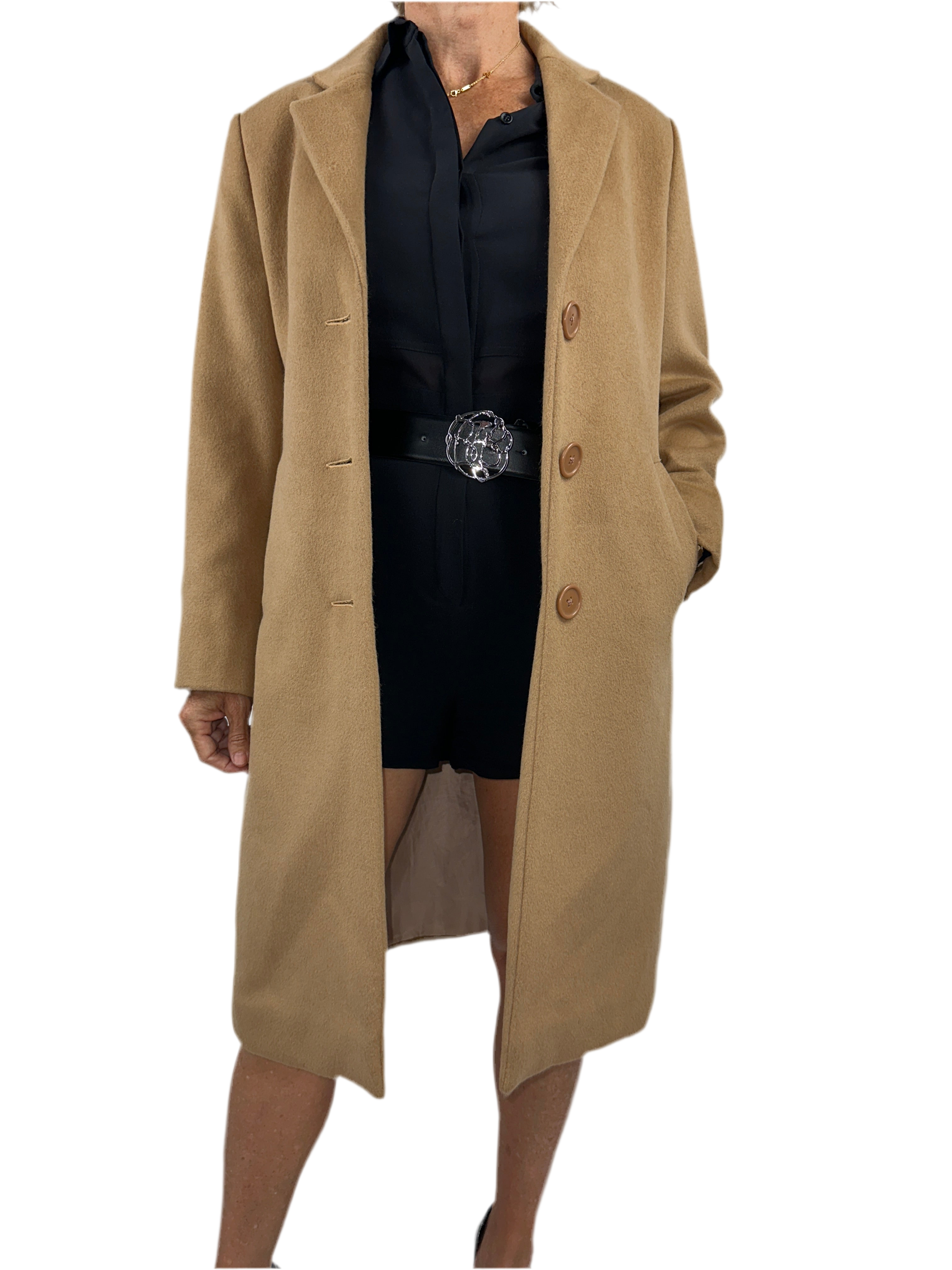 Made to measure light brown long coat with 3 buttons and side pockets - size 36