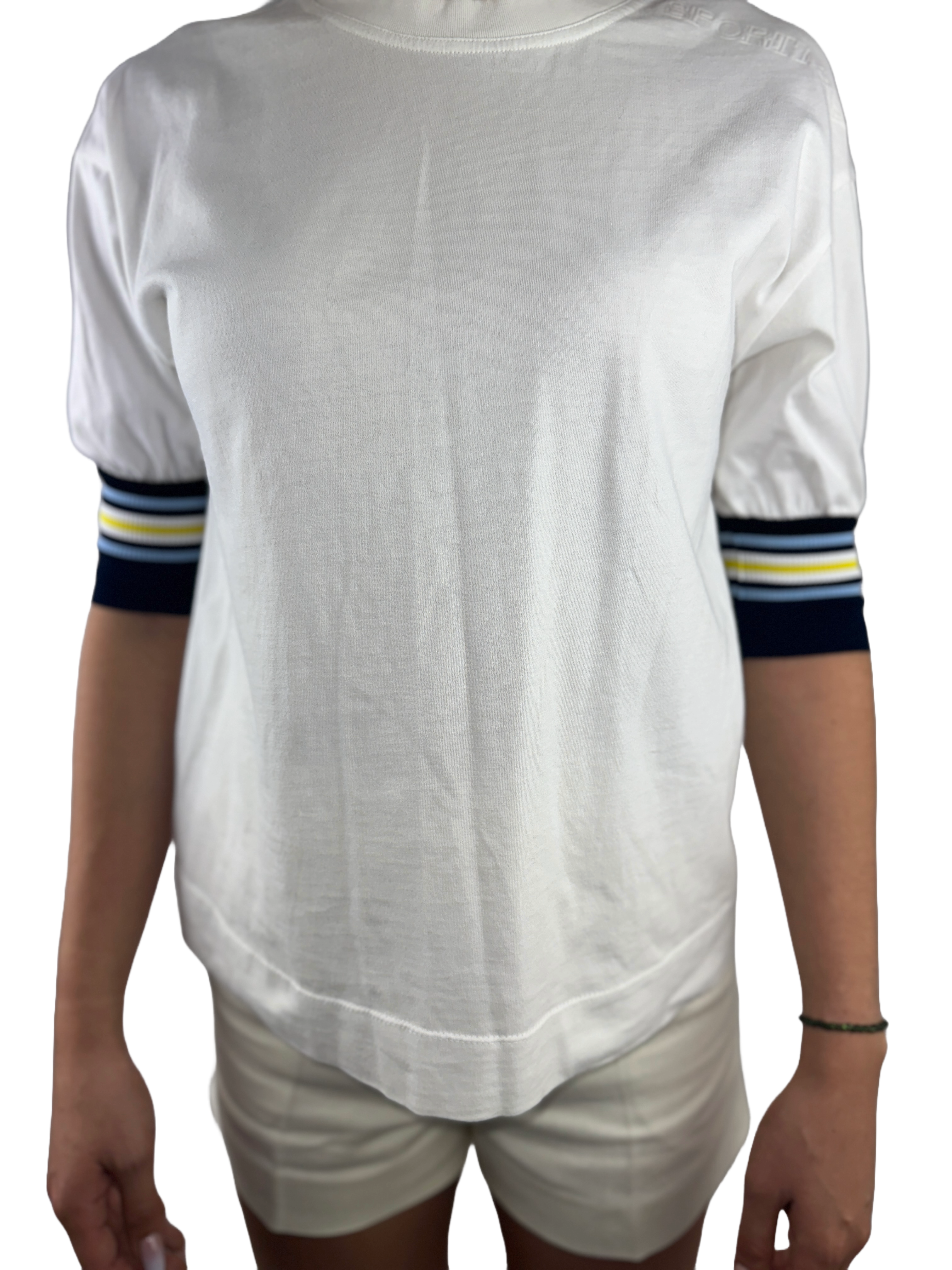 SportMax white T-shirt with blue and yellow stripes on sleeves - size 36