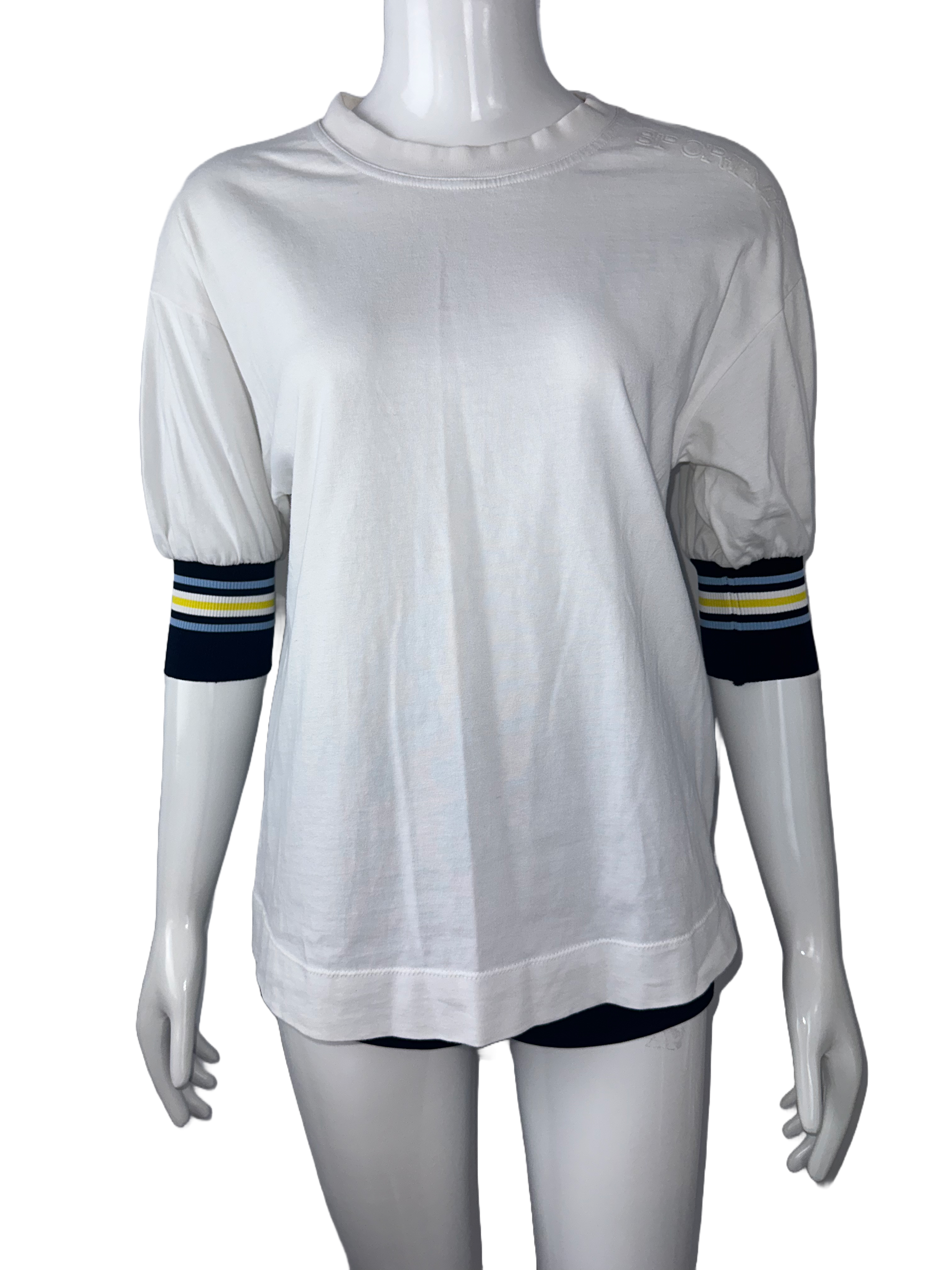 Sport Max White T-shirt with blue and yellow stripes on sleeves - size 40