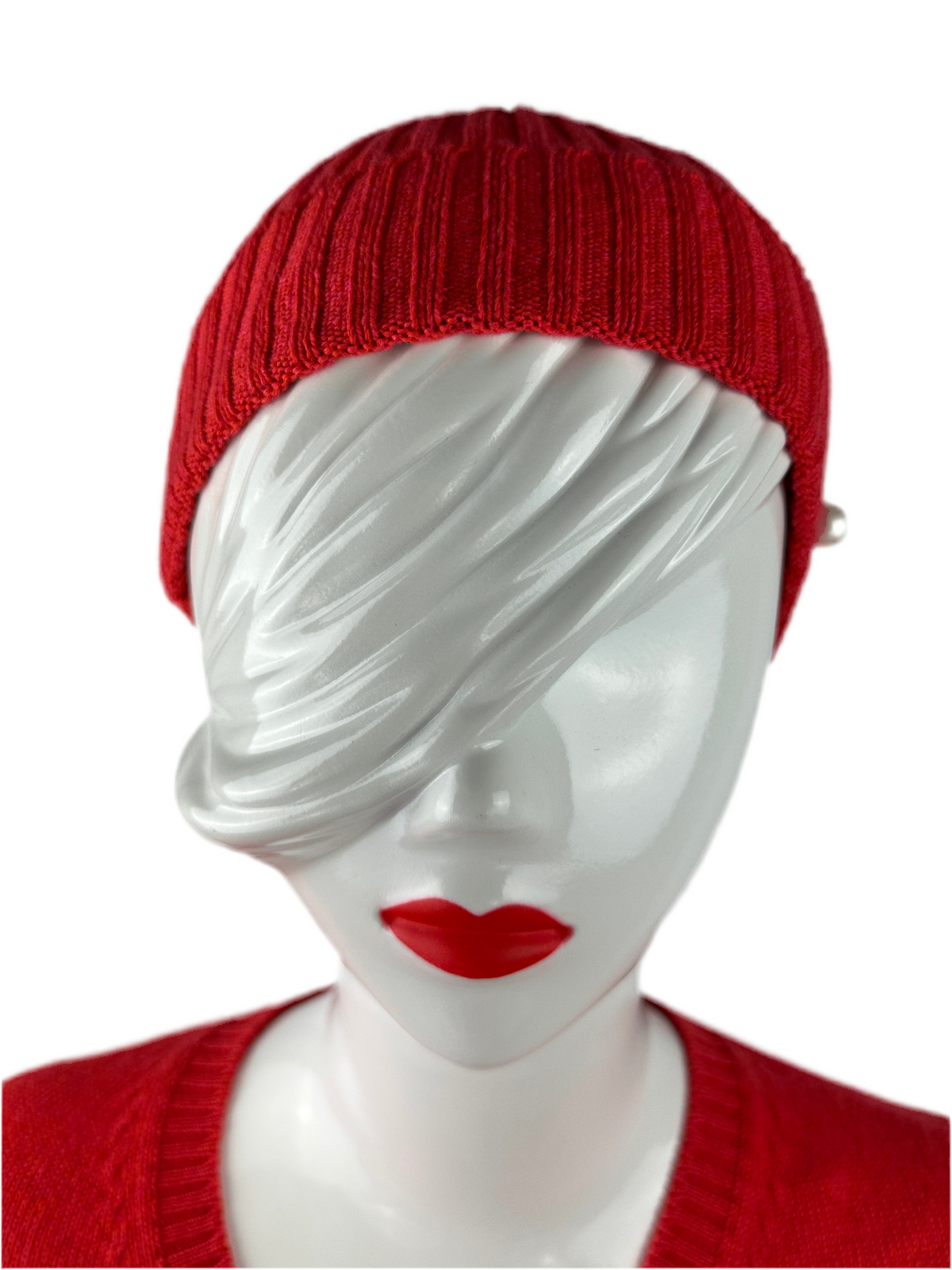 Chanel red woven winter beanie hat with pearl detail