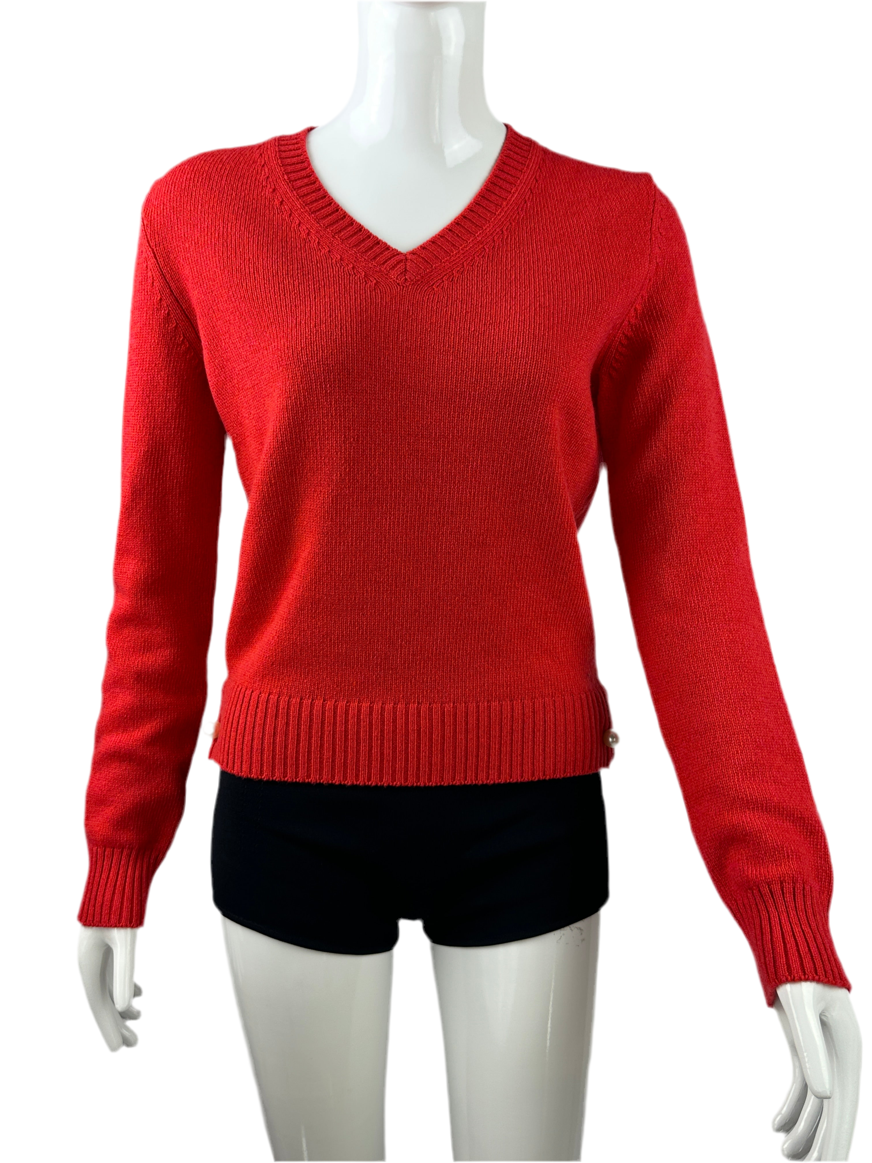 Chanel thick red V-neck sweater with pearly baubles at bottom - size 36