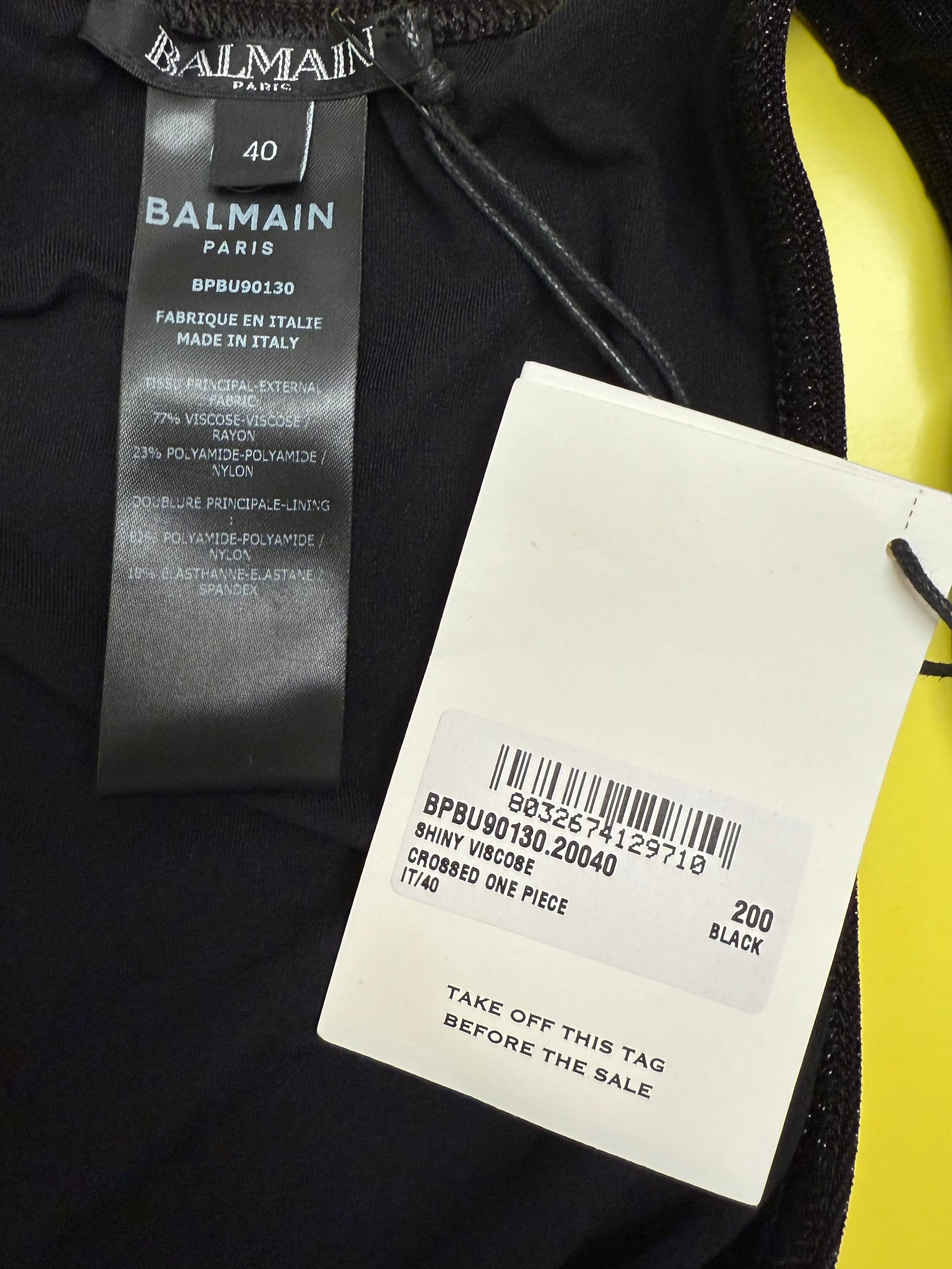 Balmain black draped deep-v bodysuit with gold medallion buttons - size IT40