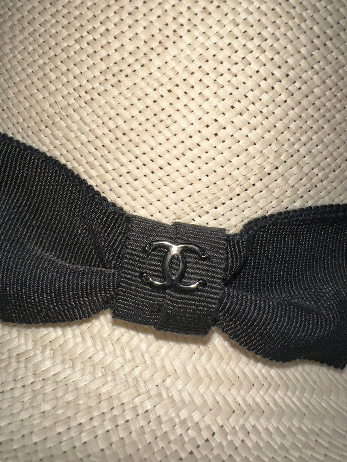 Chanel white panama hat with black stripe - M