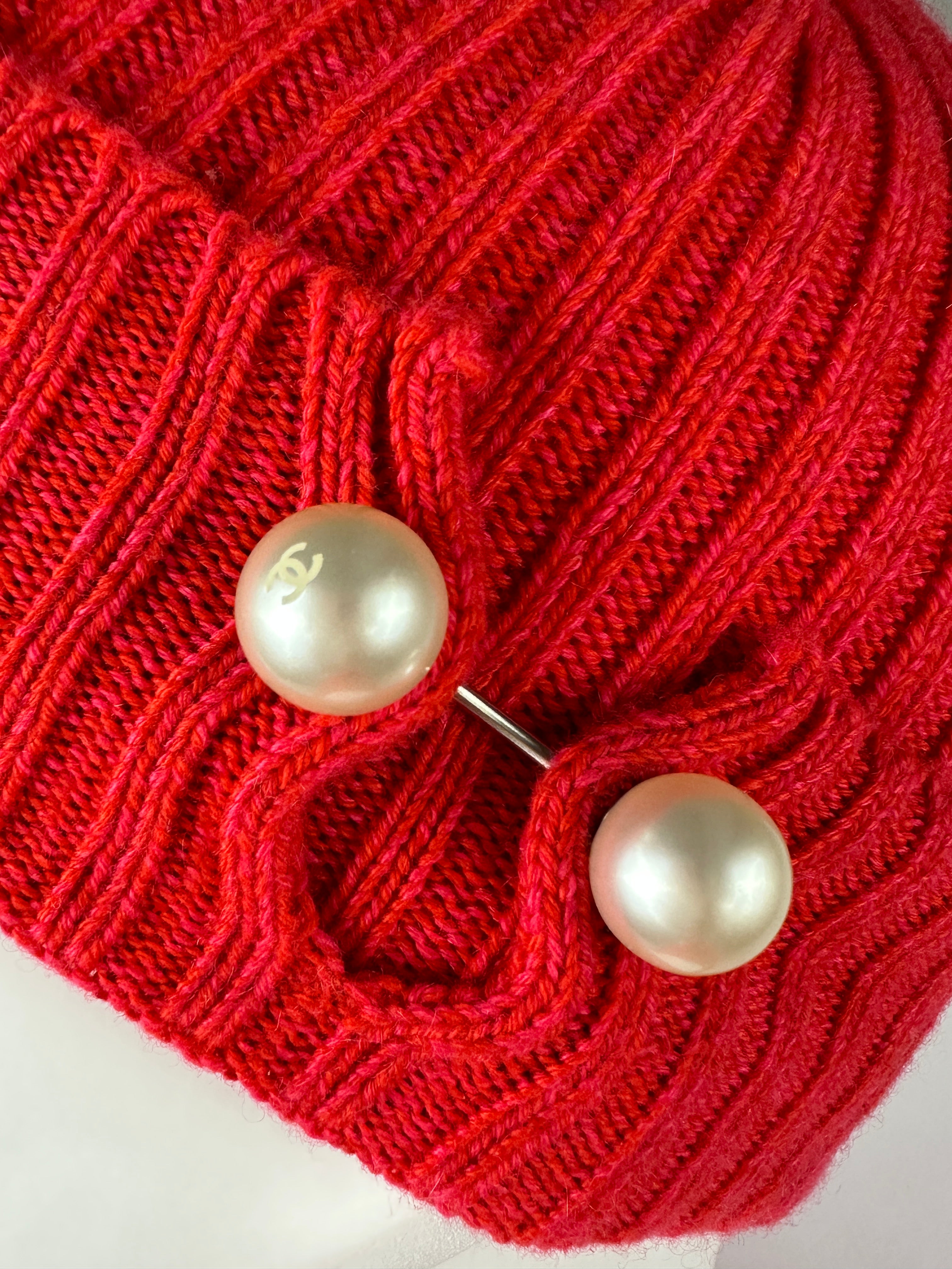Chanel red woven winter beanie hat with pearl detail