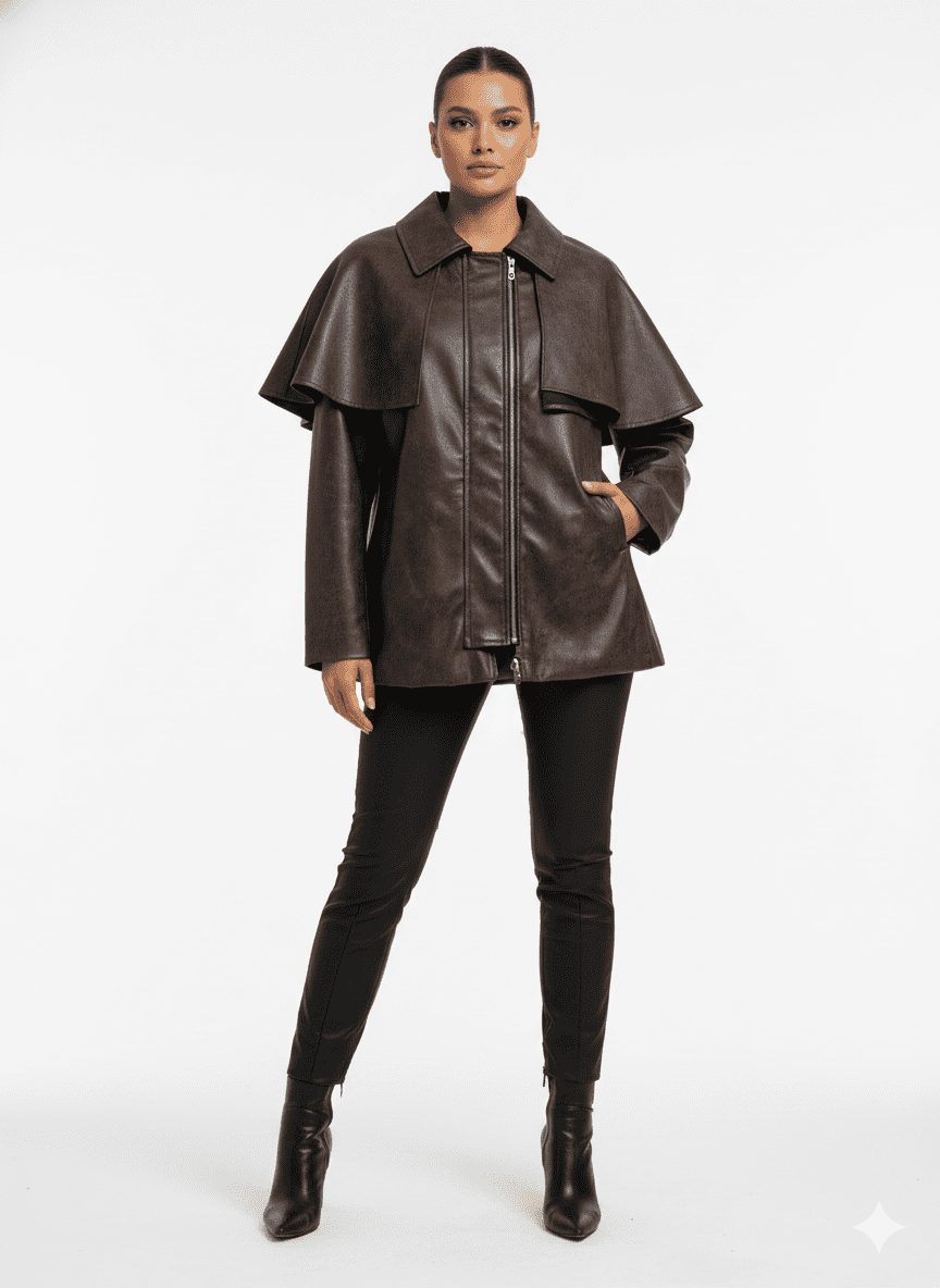 Dark Brown Distressed Leather Cape Jacket - size M