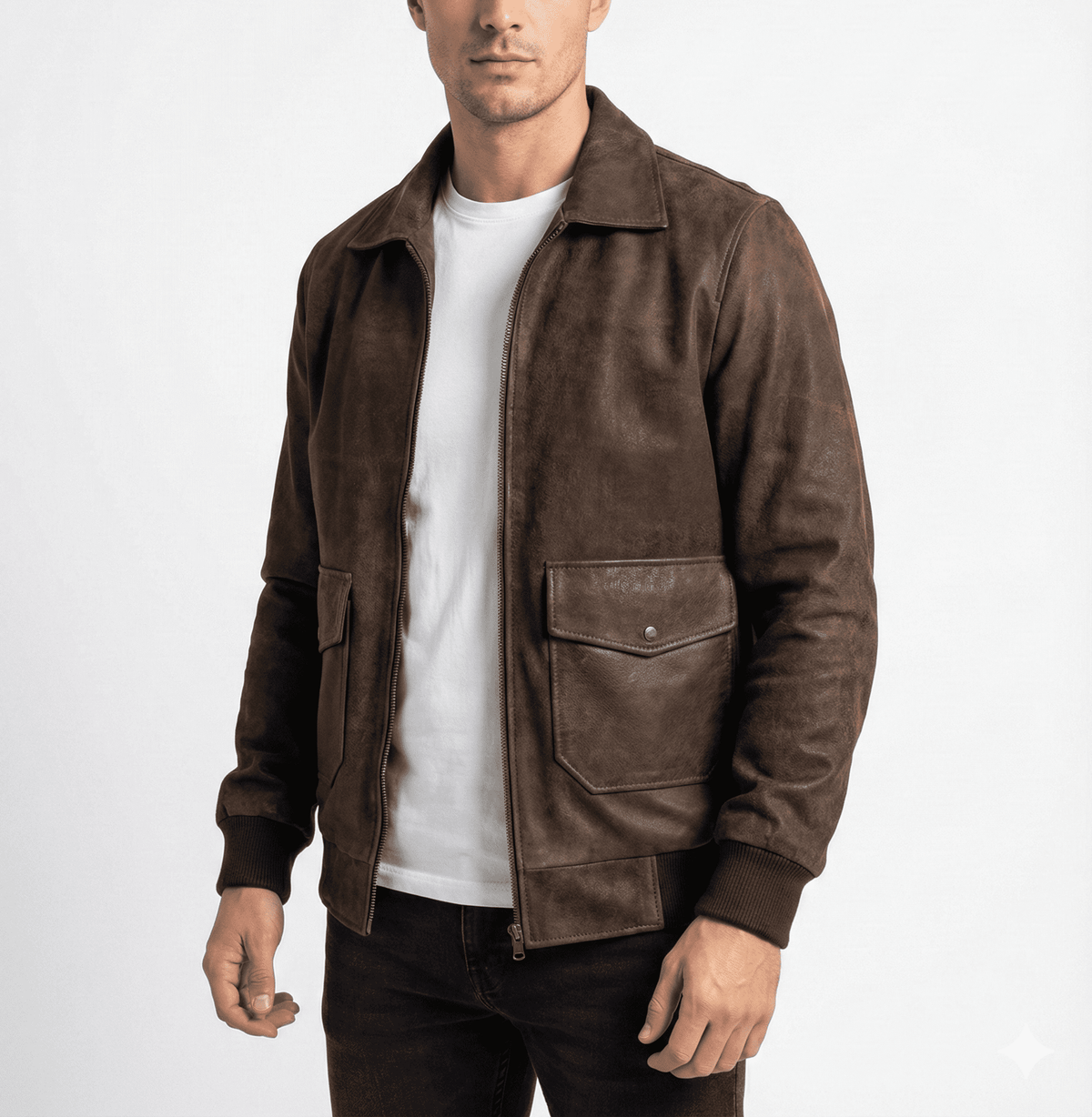 Dark Brown Utility Leather Jacket with Flap Pockets - size M