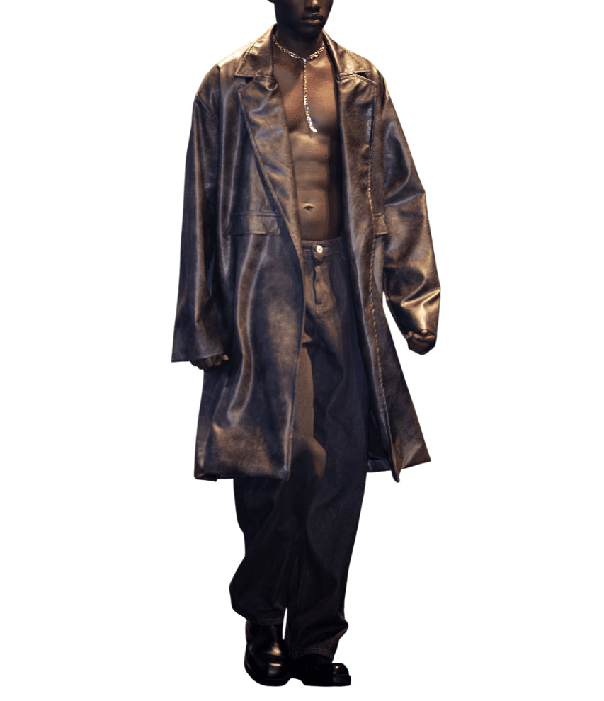 Longline Brown Classic Leather Trench Coat - size M
