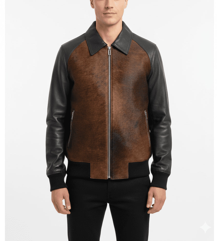 Two-Tone Brown & Black Leather Bomber Jacket - size L