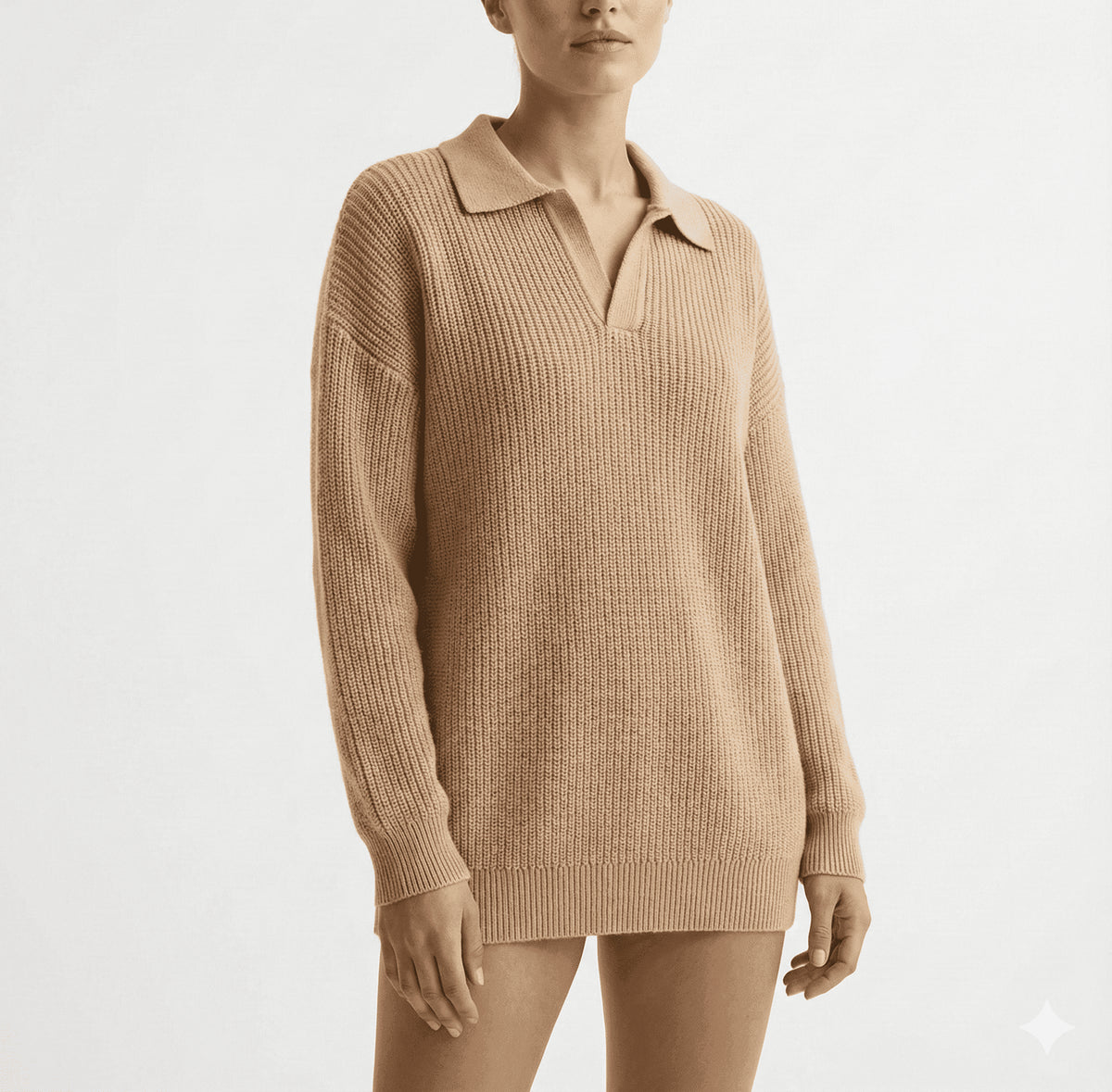 Beige Ribbed Polo-Collar Knit Sweater - size TU