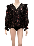 Lug Von Siga black ruffled top with floral motif - size 40