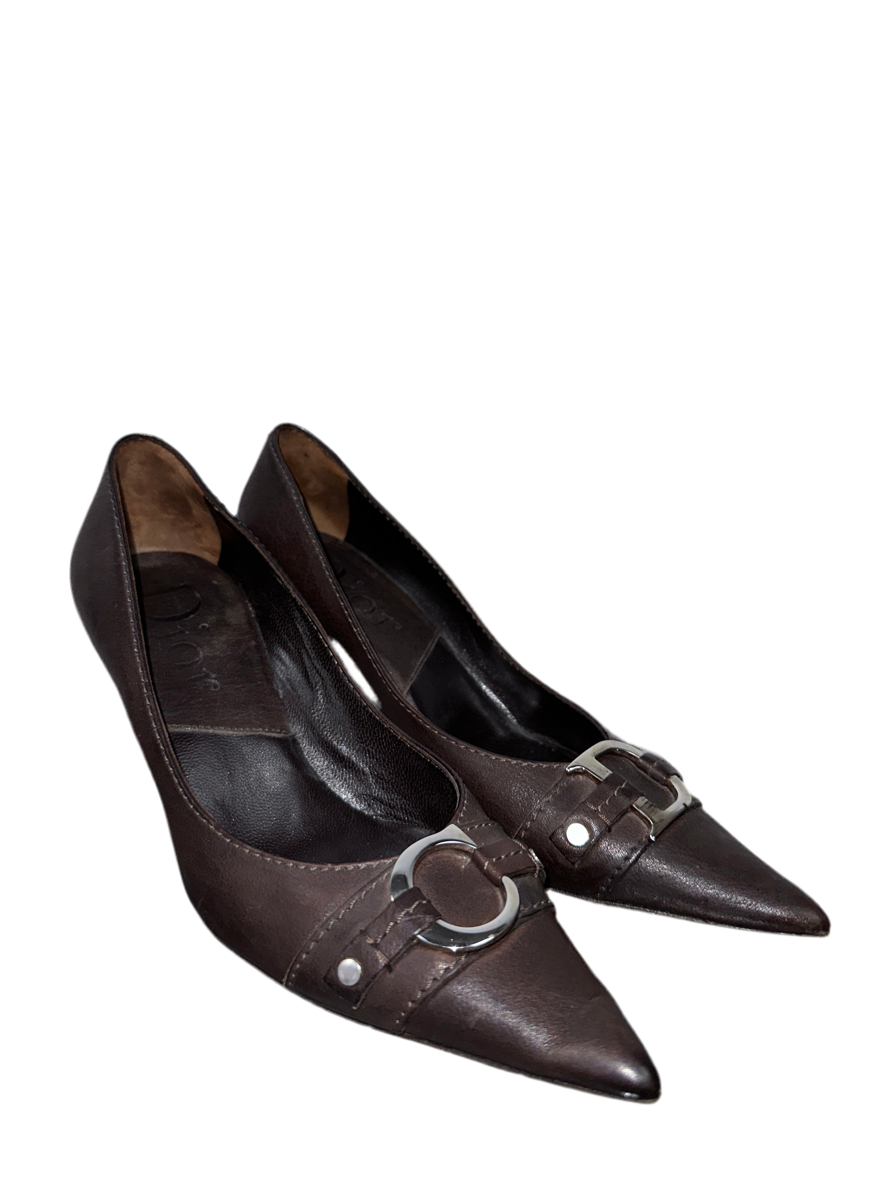 Vintage Dior dark brown leather pump with silver C and D details - size 35.5