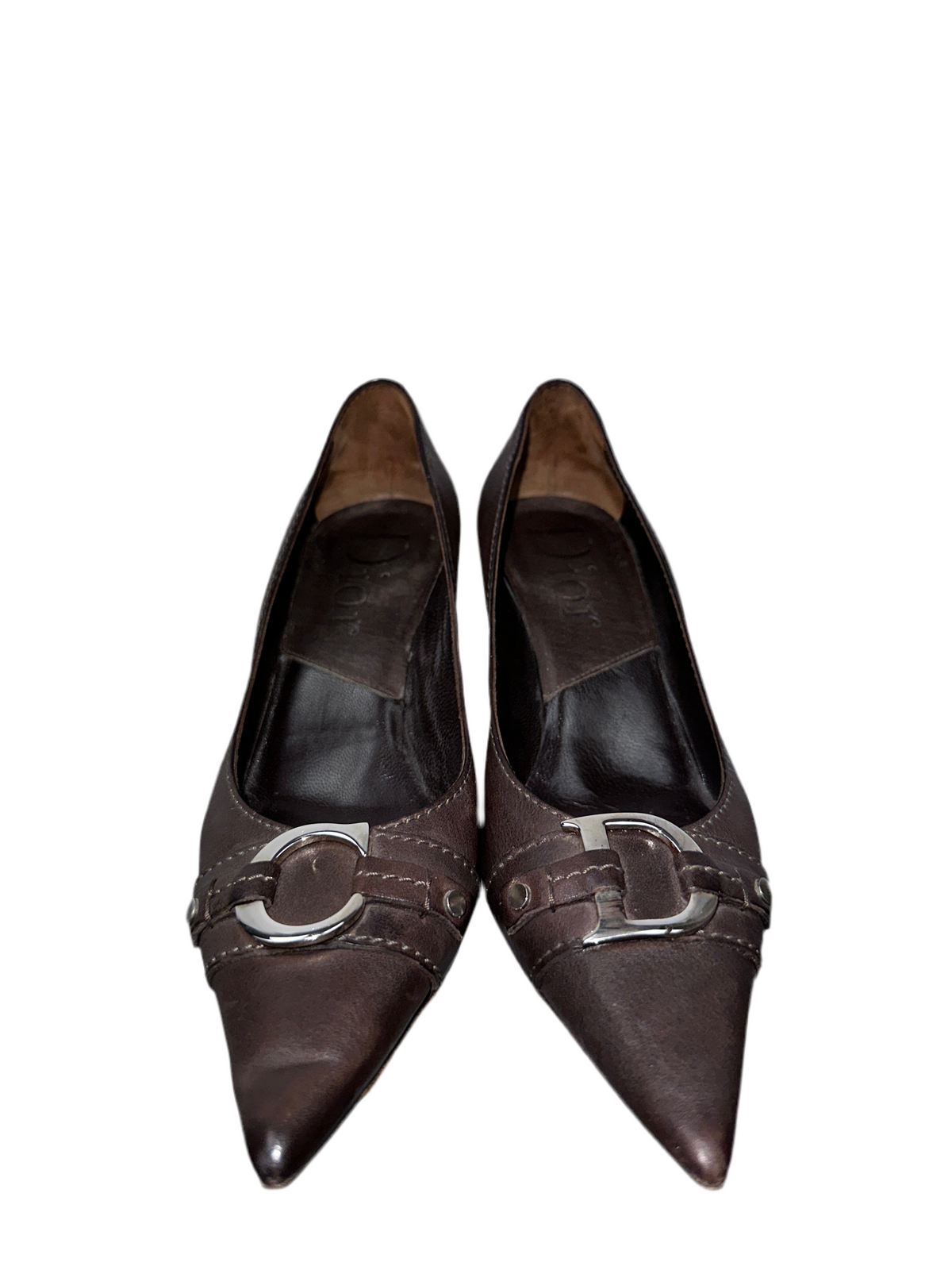 Vintage Dior dark brown leather pump with silver C and D details - size 35.5