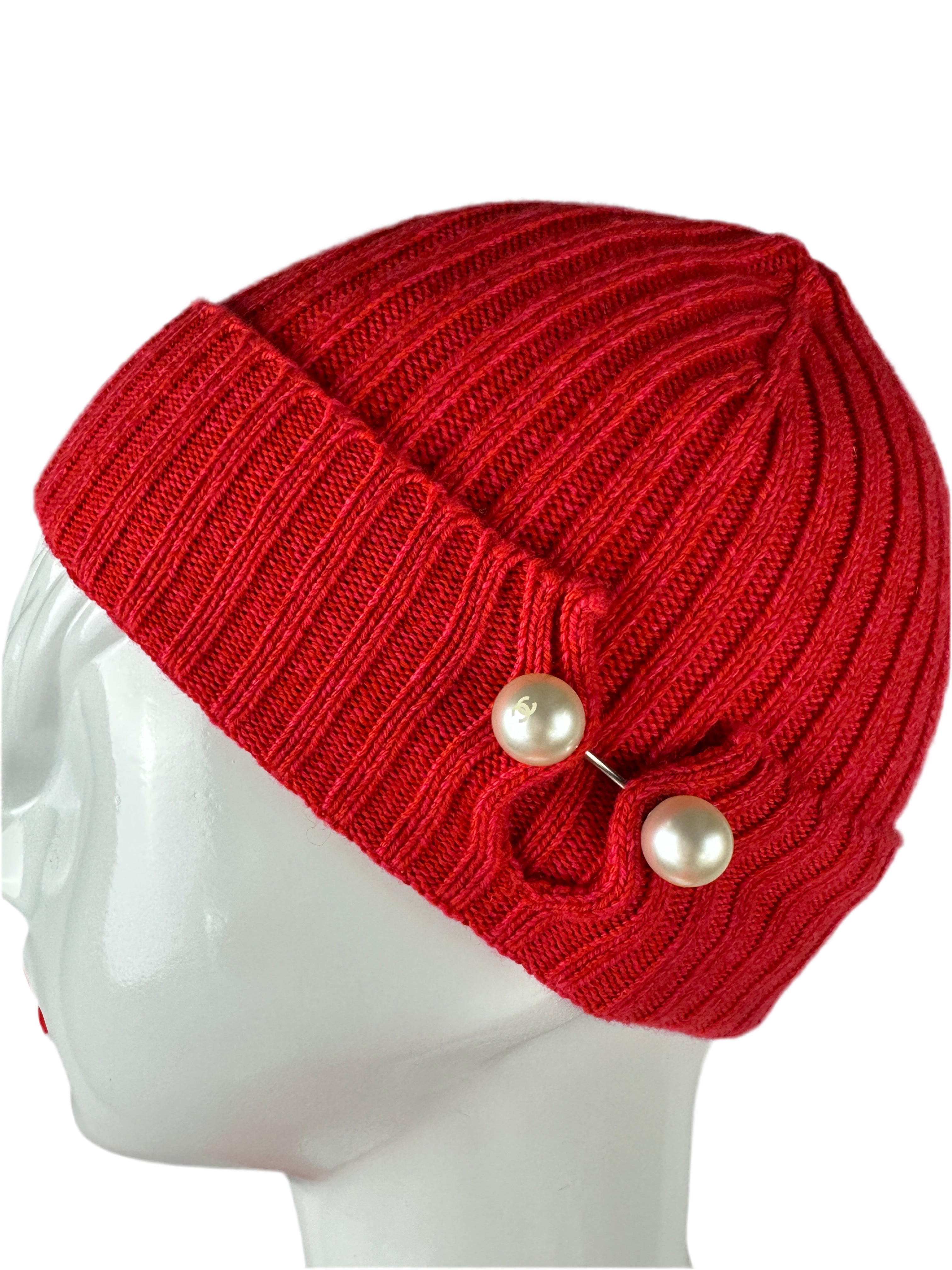 Chanel red woven winter beanie hat with pearl detail