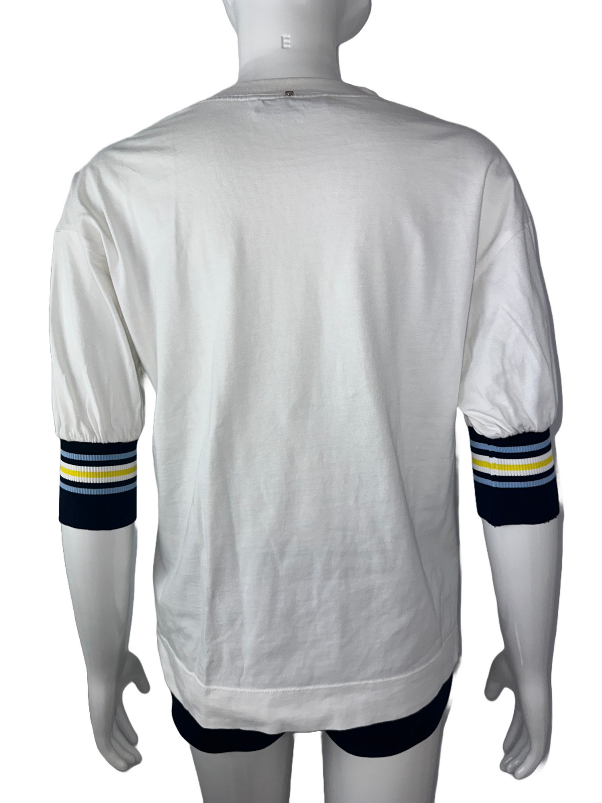 Sport Max White T-shirt with blue and yellow stripes on sleeves - size 40