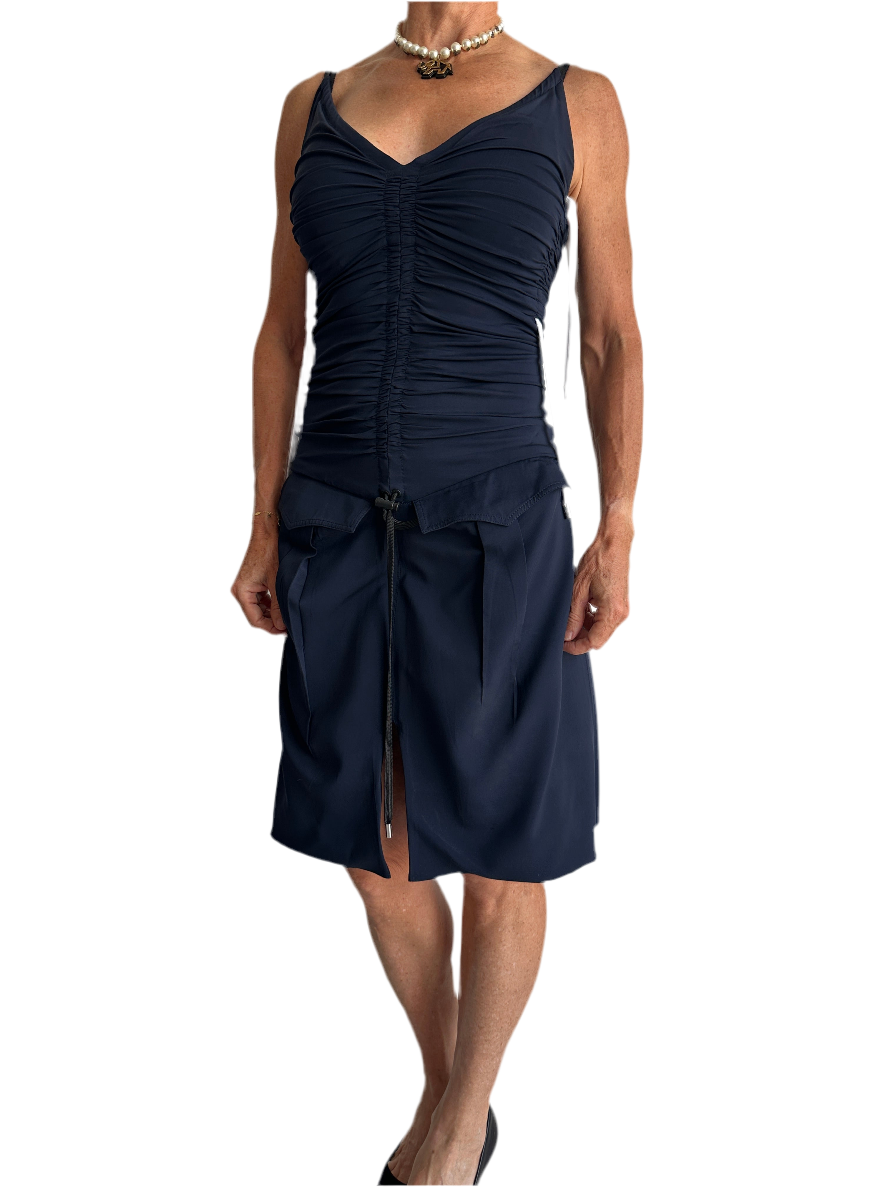 Louis Vuitton navy blue sleeveless V-neck dress with pocket detail and laces - size 34