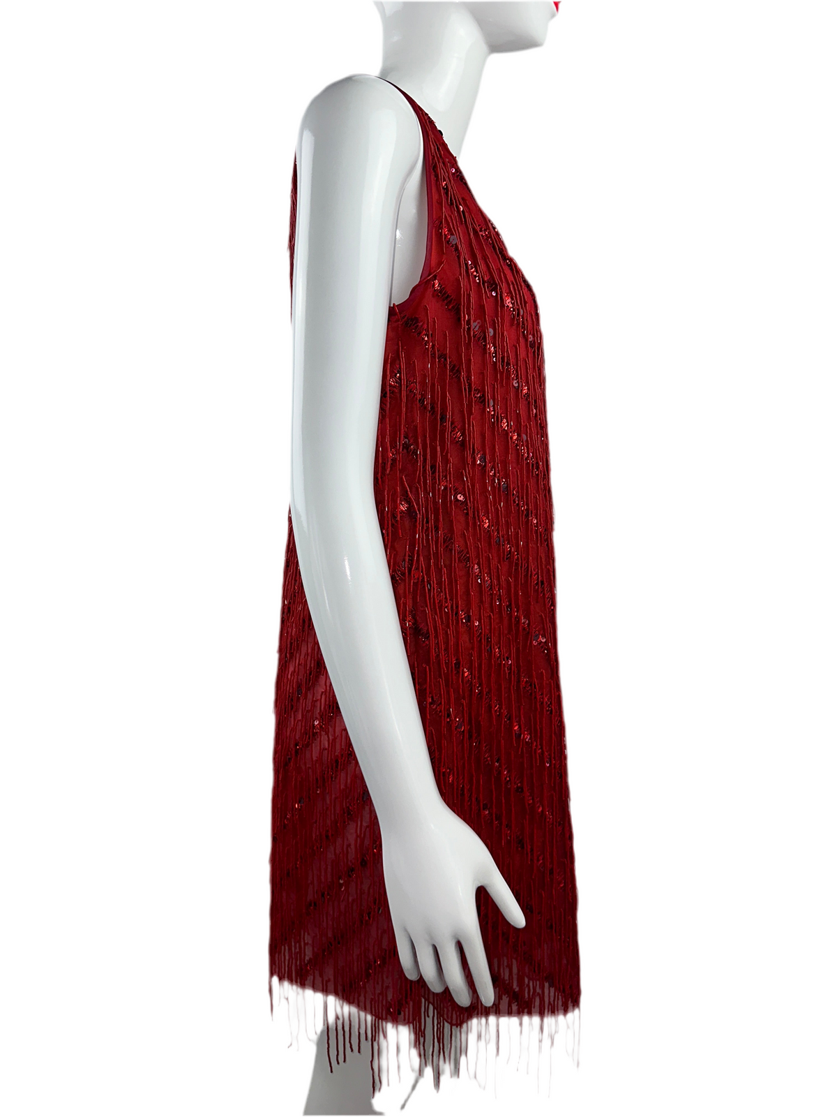 Emporio Armani red sleeveless V-neck dress with pearls and sequins - size 34