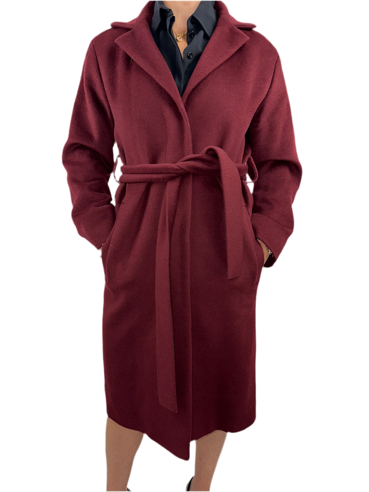 Hugo Boss long burgundy coat with waist belt - size 34