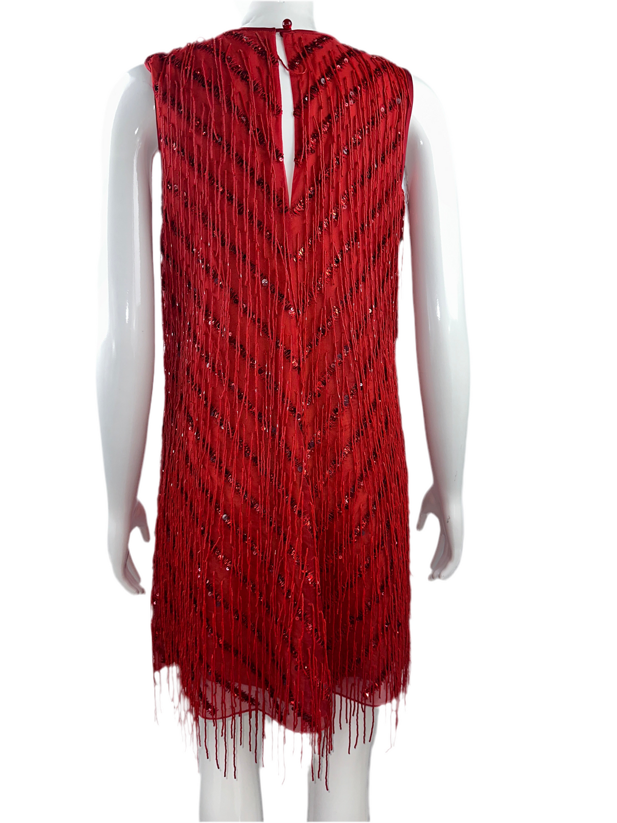 Emporio Armani red sleeveless V-neck dress with pearls and sequins - size 34