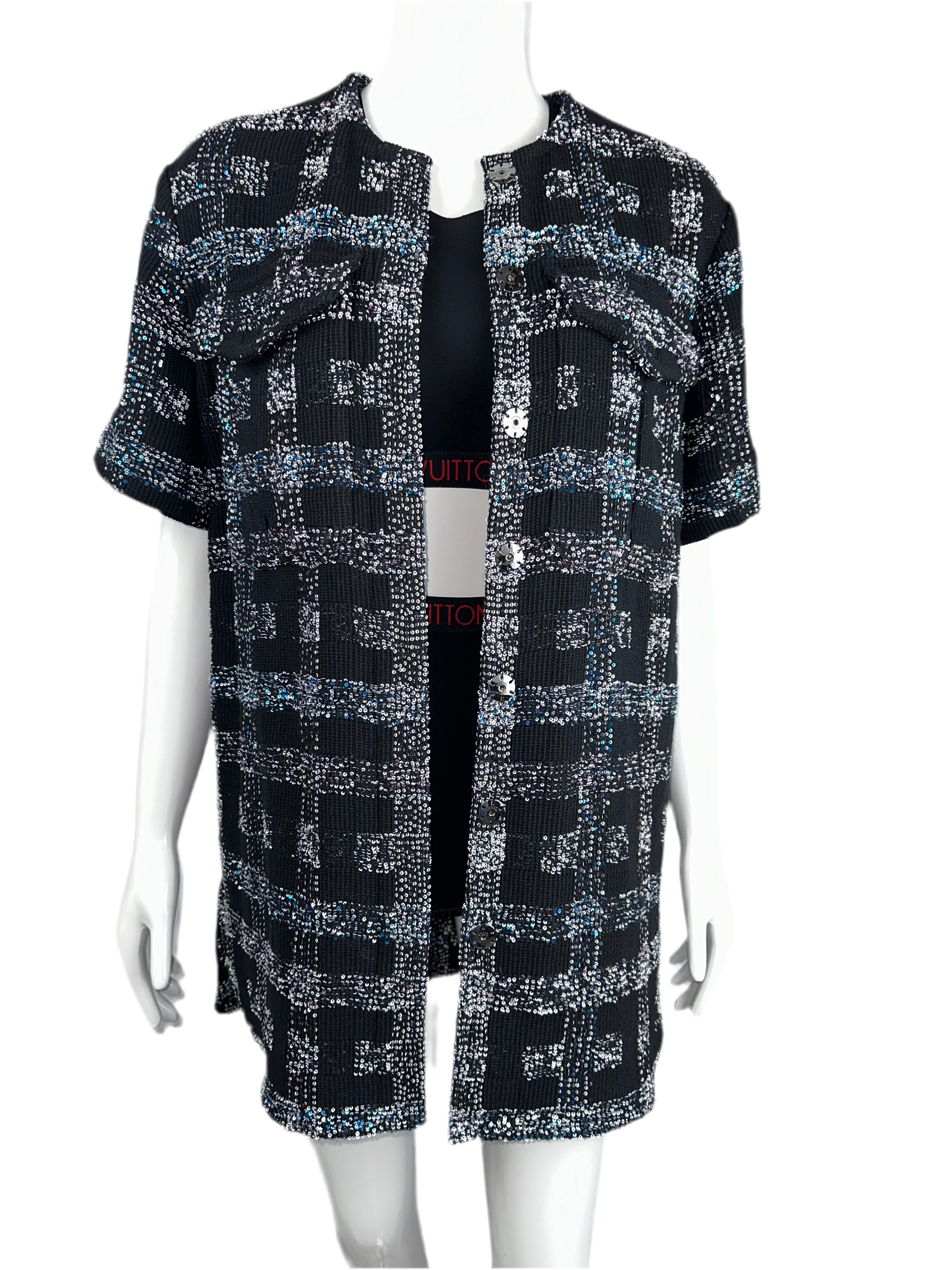Chanel on black shirt with blue and pink white sequins - size 34
