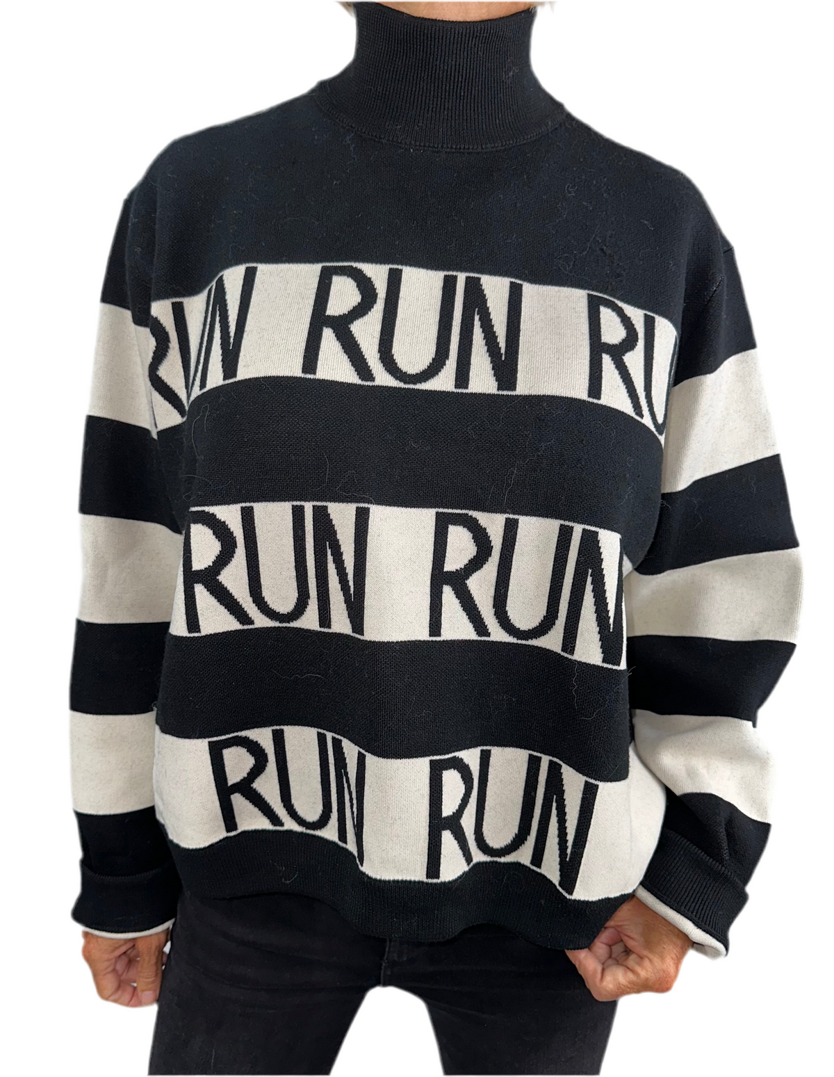 SportMax black and white striped sweater with "RUN" lettering - size 36