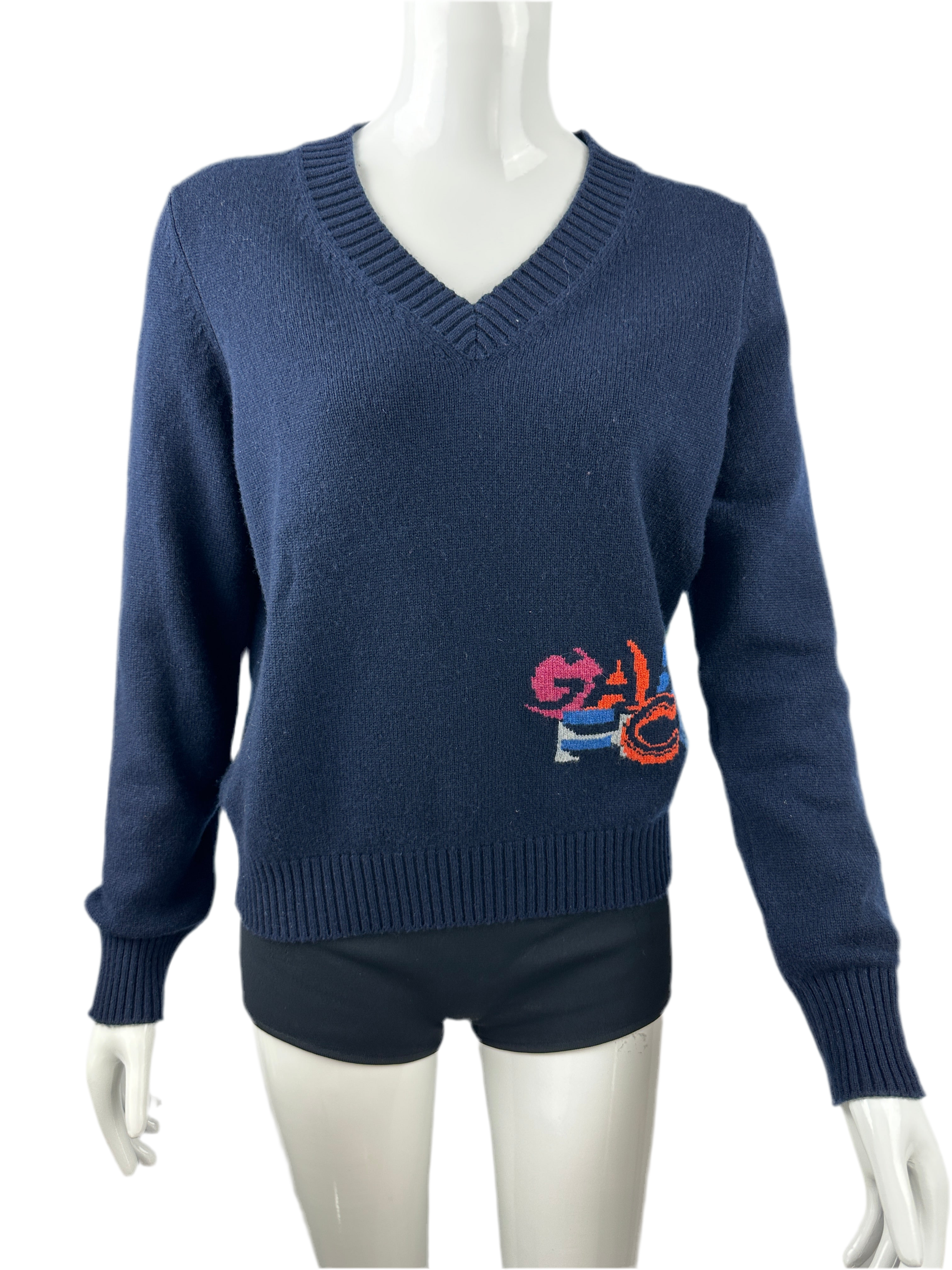 Chanel blue V-neck sweater with "Gabrielle coco" multicolor inscription - size 38