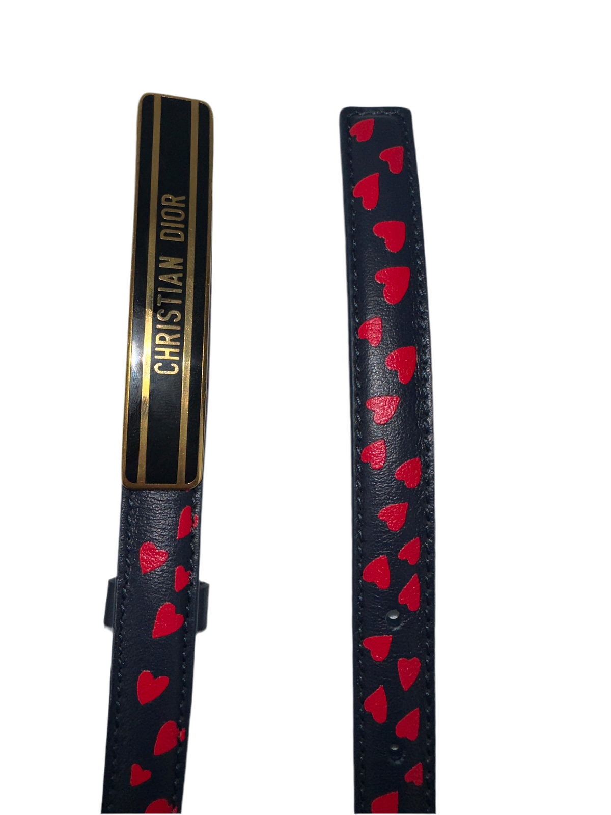 Dior ID Fine Full leather belt Navy blue belt with red hearts