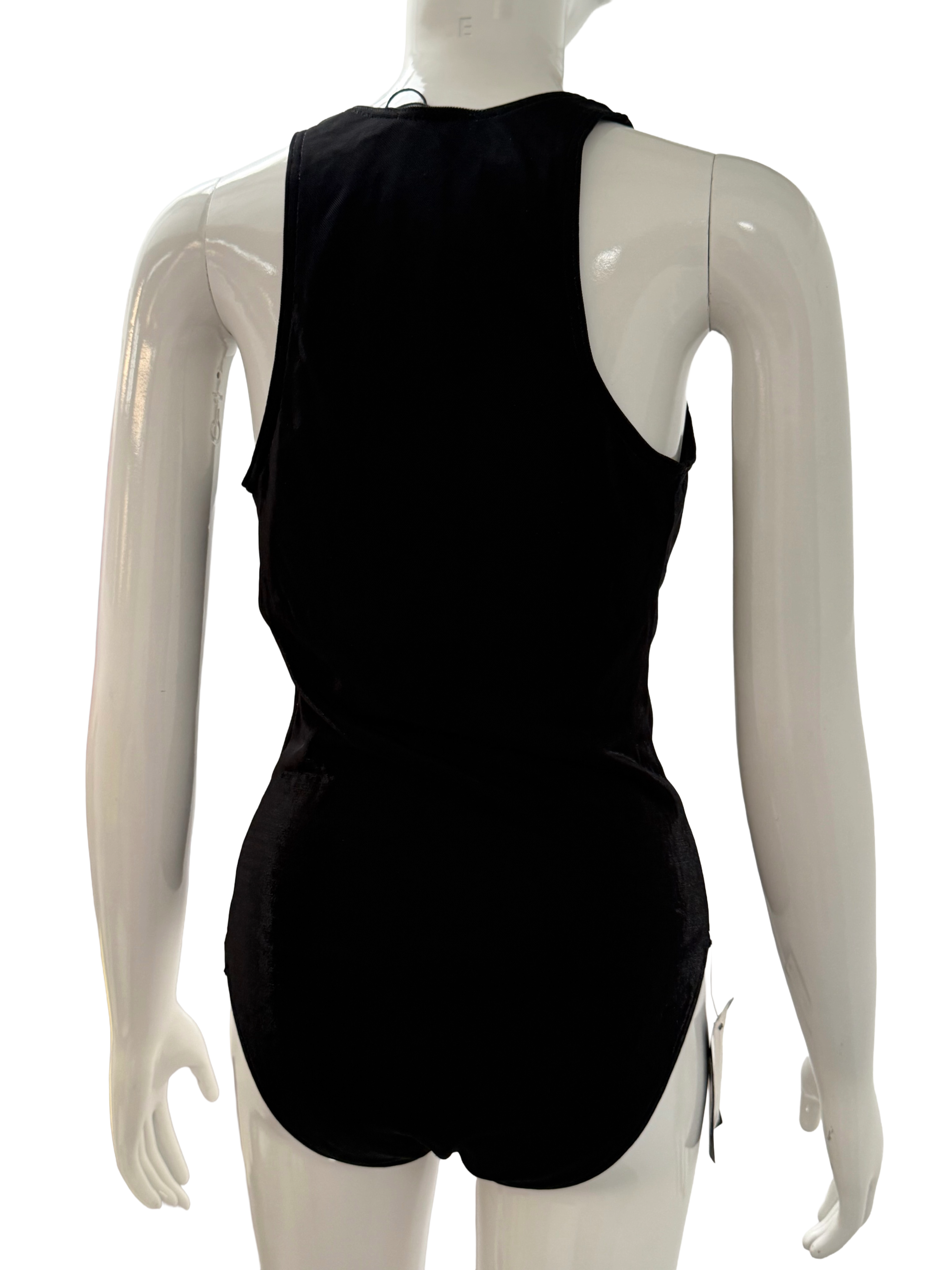 Balmain black draped deep-v bodysuit with gold medallion buttons - size IT40