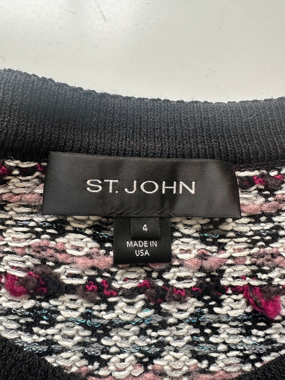 St.John white black pink blue cardigan with pearly bead - size 36