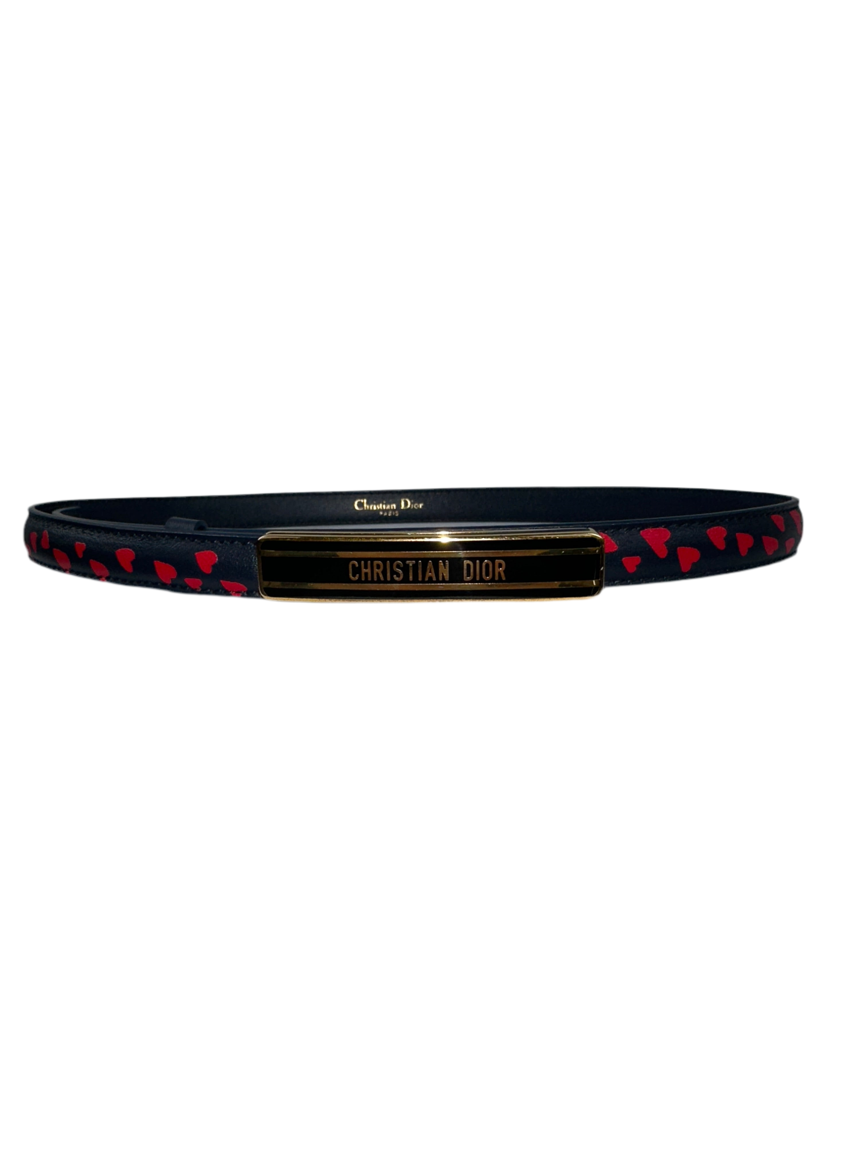 Dior ID Fine Full leather belt Navy blue belt with red hearts