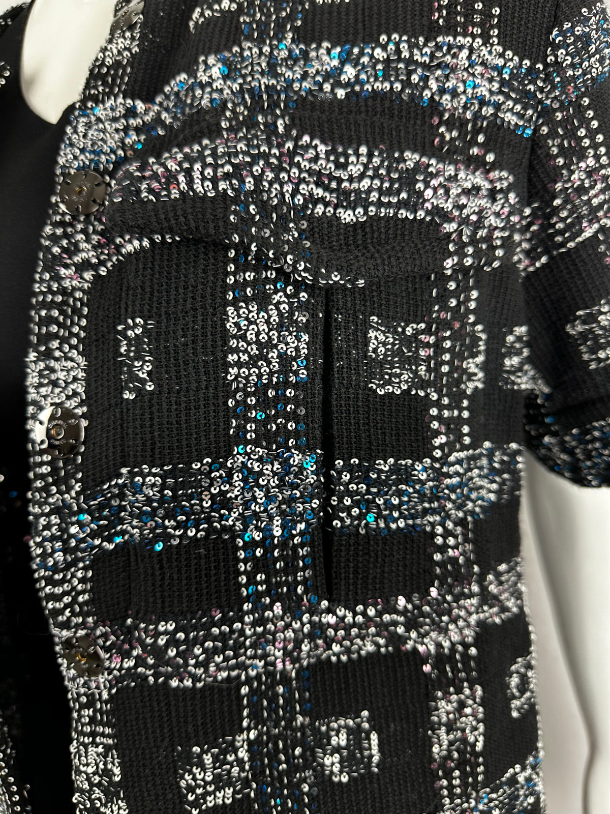 Chanel on black shirt with blue and pink white sequins - size 34