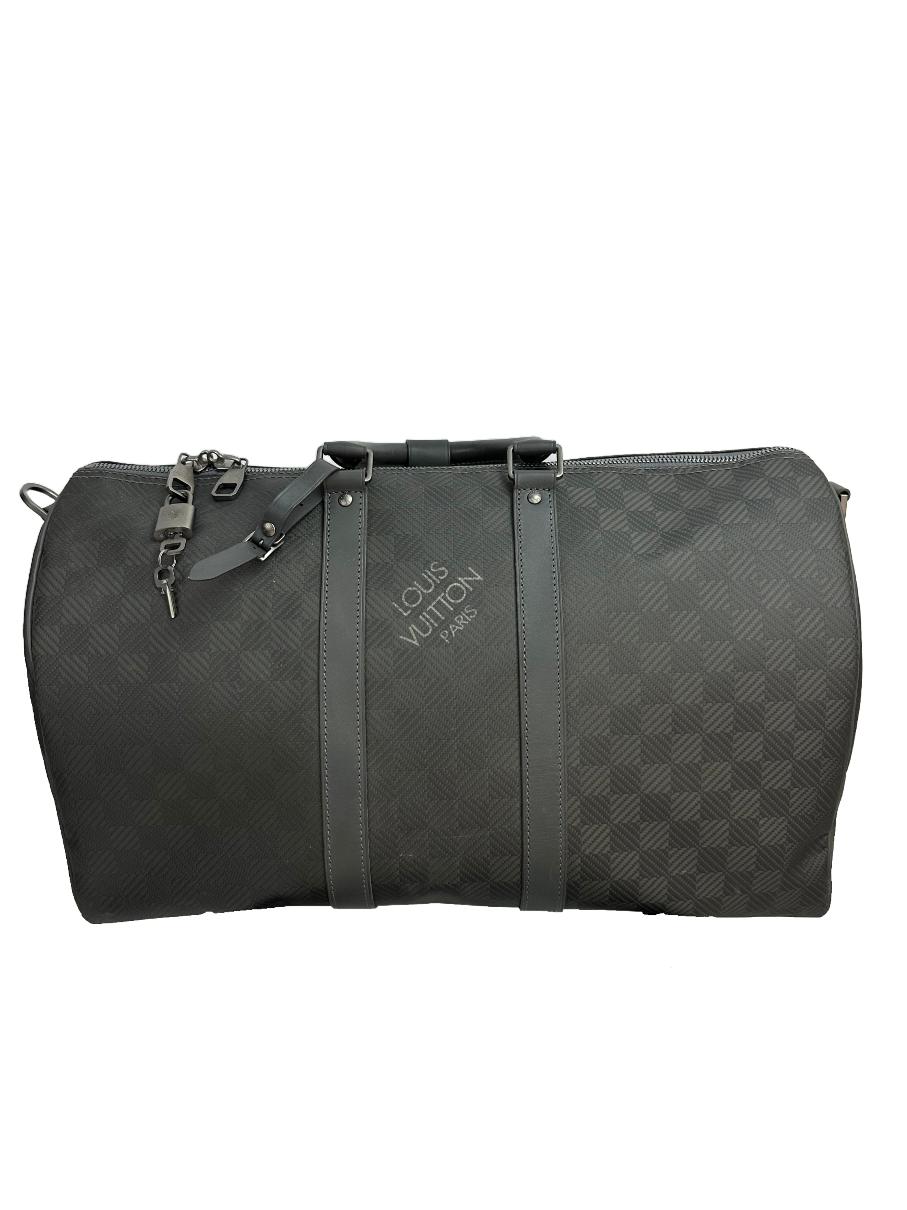 Louis Vuitton Keepall 45 in damier carbone with leather trim