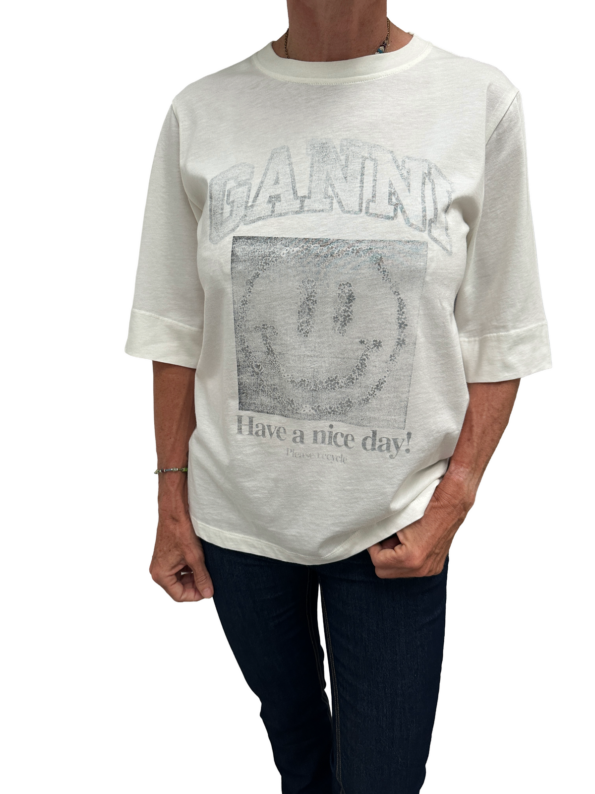 Ganni white tee-shirt with grey details - size 38