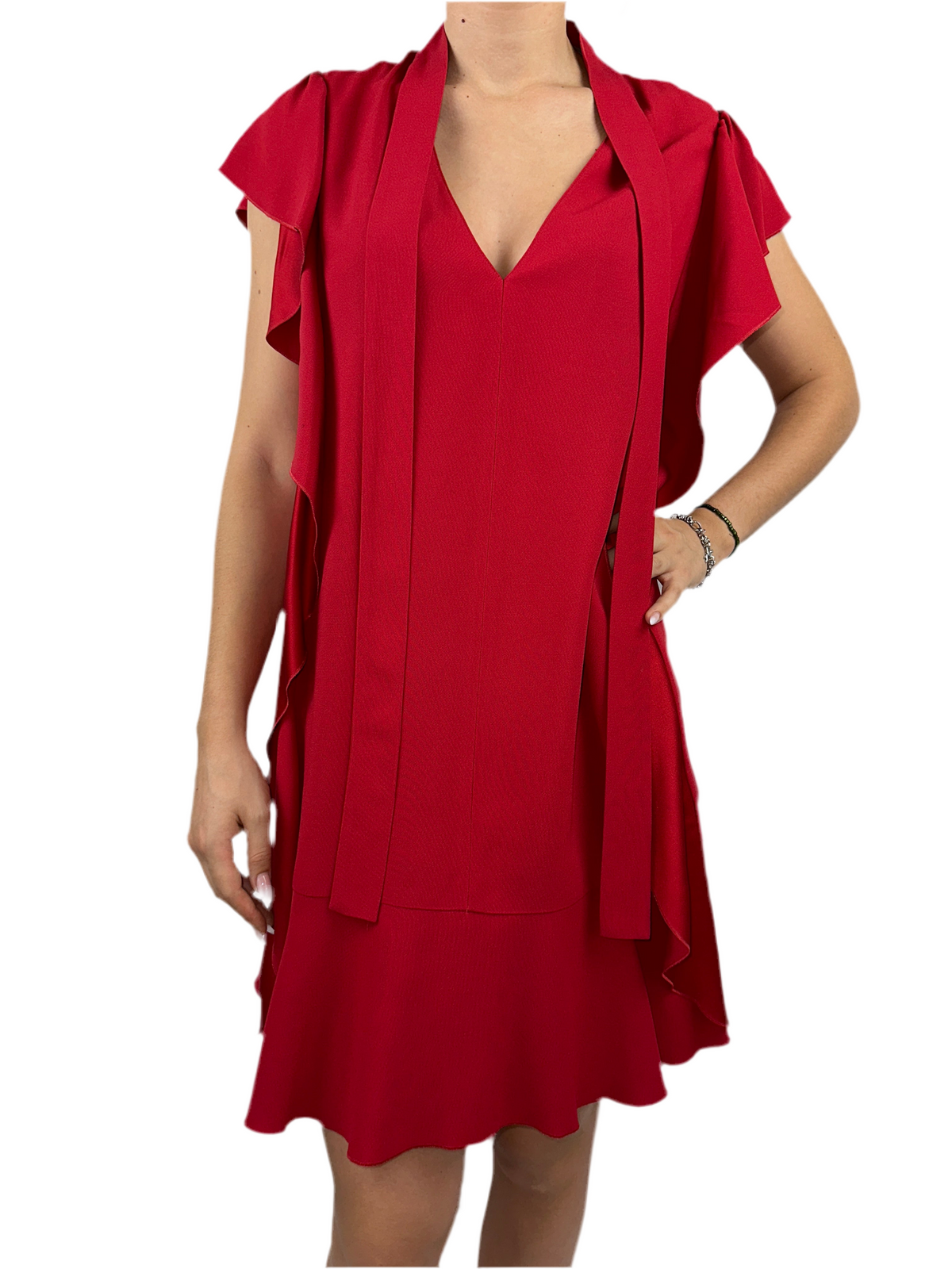 Red Valentino red dress with V-neckline and side ruffles - size 44