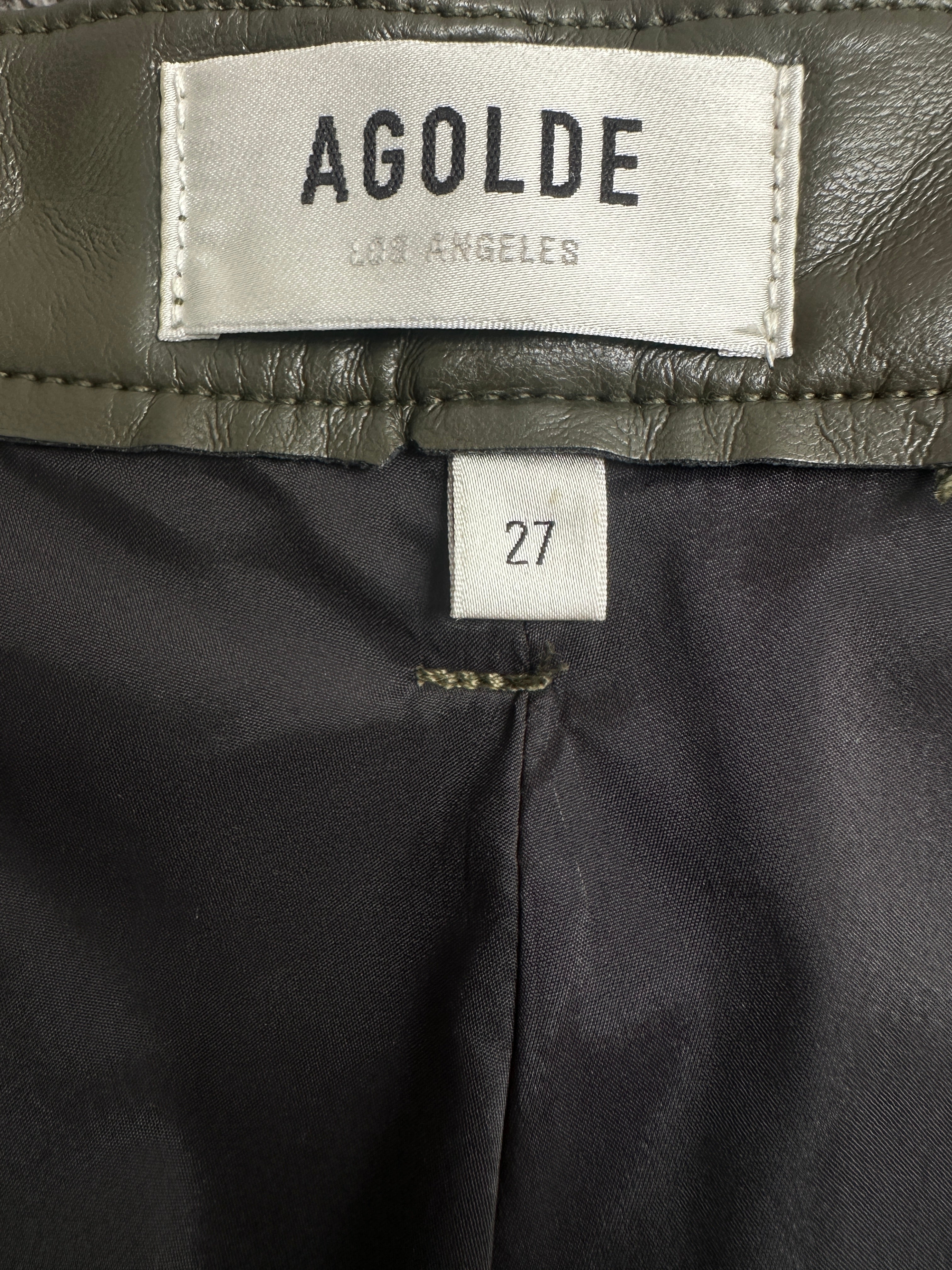 Agolde 90' pinch waist olive leather straight-leg pants - size 27