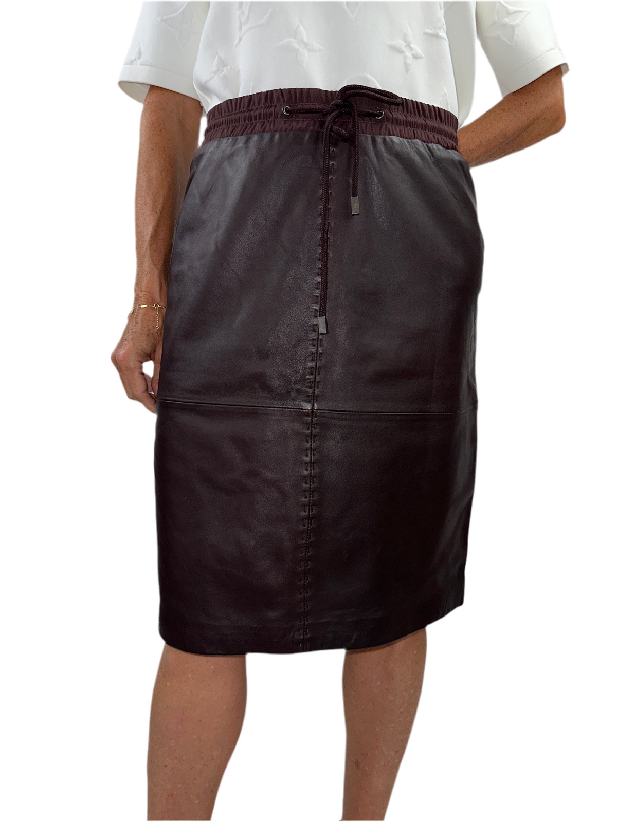 Max & Moi brown leather skirt with elastic waistband and laces - size 38