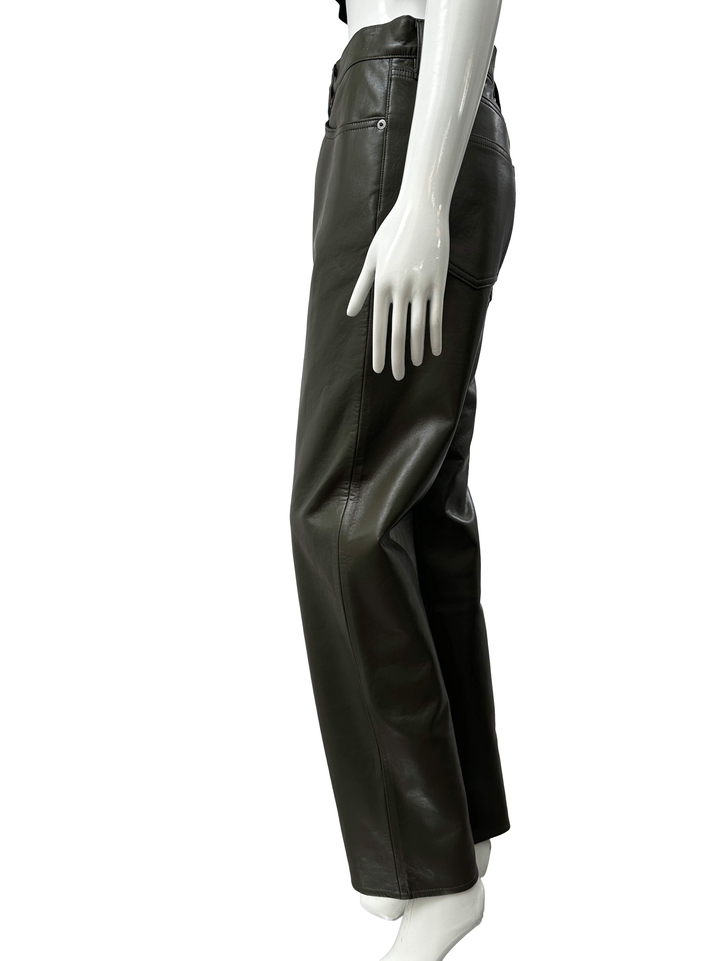 Agolde 90' pinch waist olive leather straight-leg pants - size 27