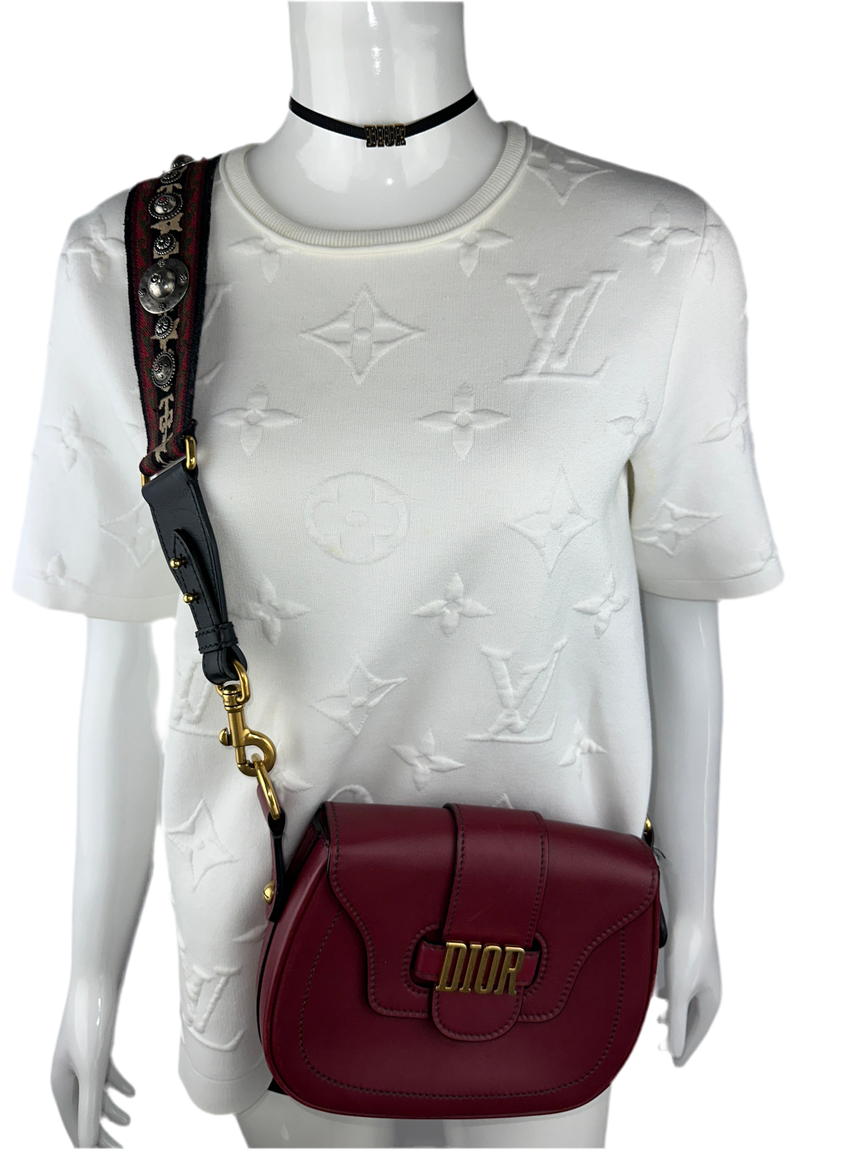 Dior shoulder strap embroidered leather/canvas/metal burgundy