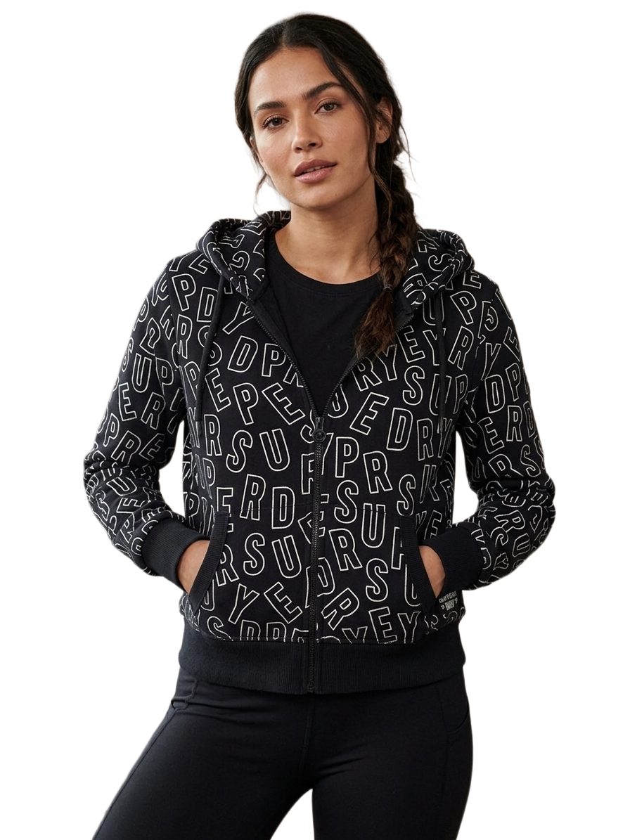 Superdry black all-over logo zip hoodie - size 38