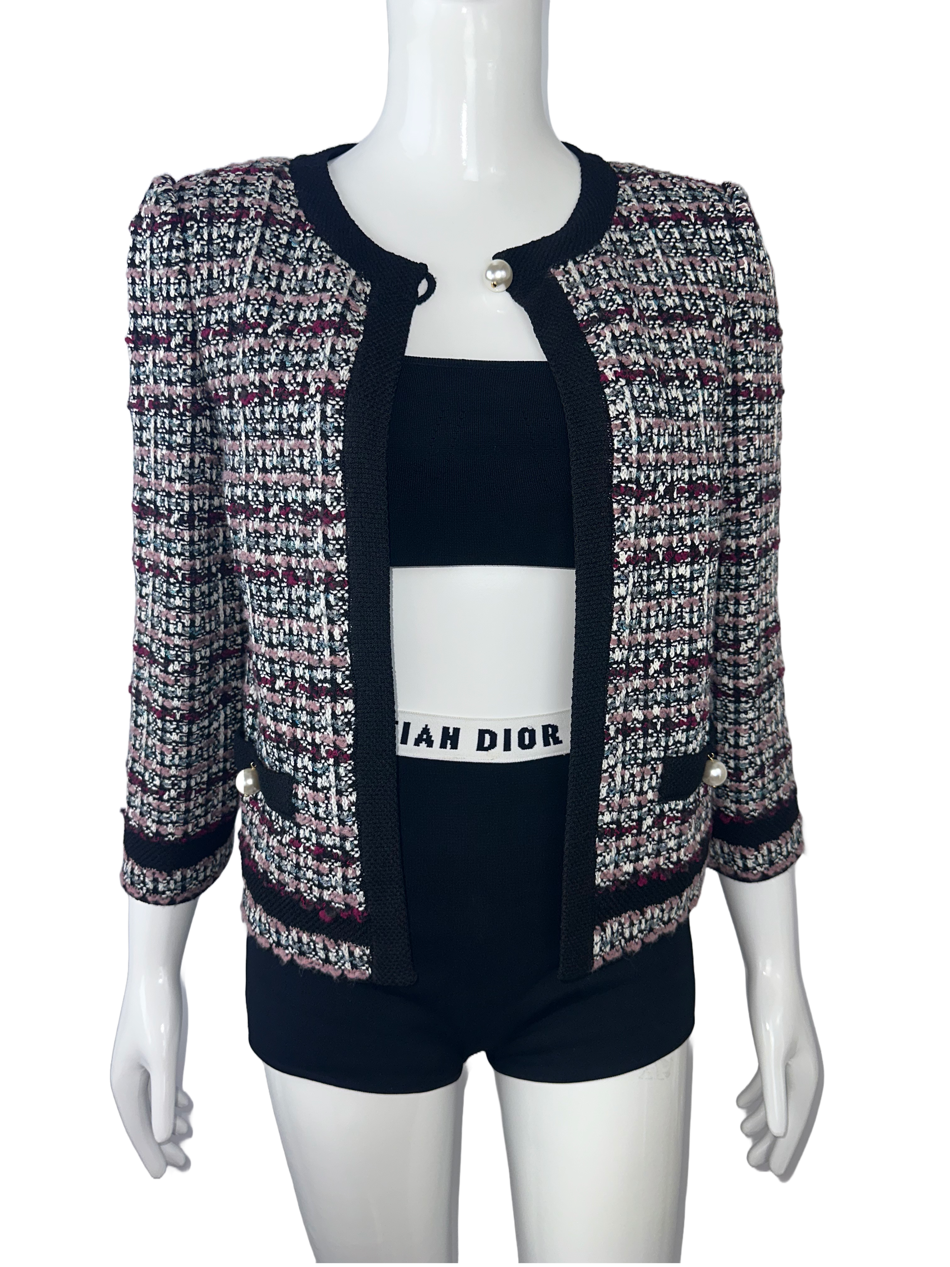 St.John white black pink blue cardigan with pearly bead - size 36