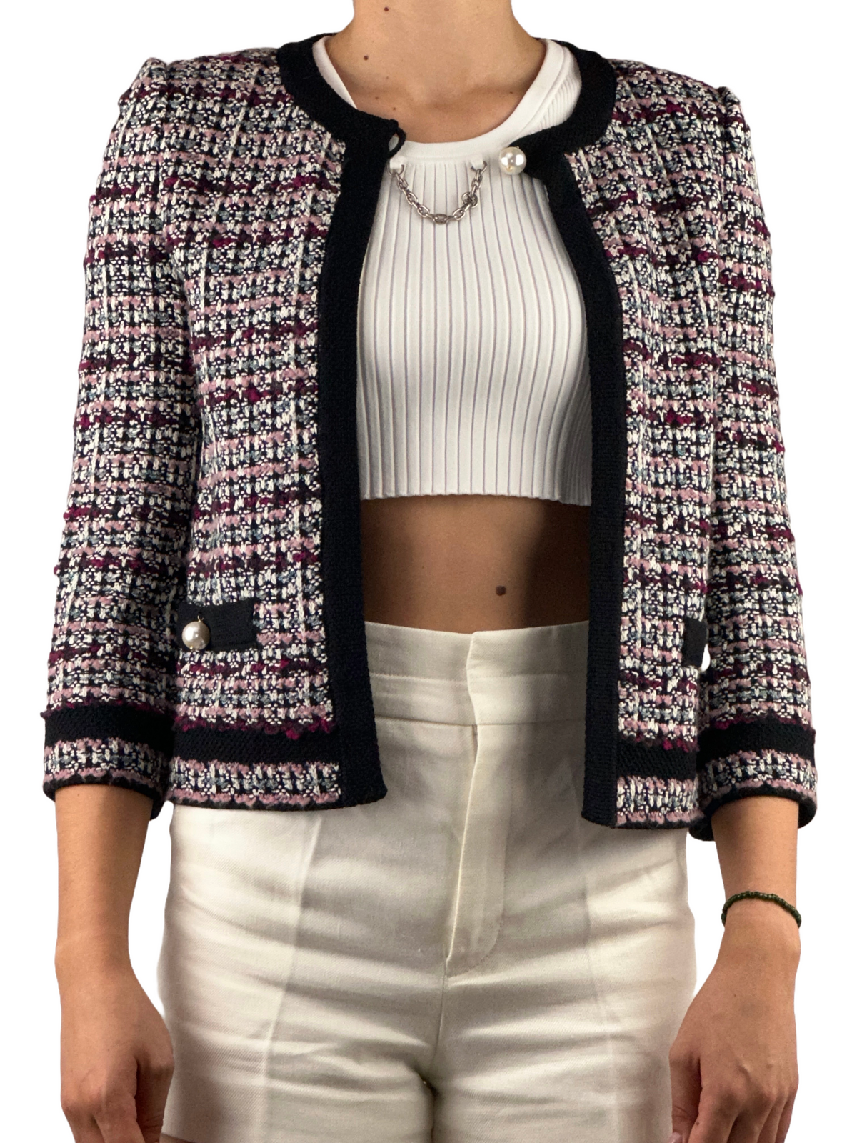 St.John white black pink blue cardigan with pearly bead - size 36