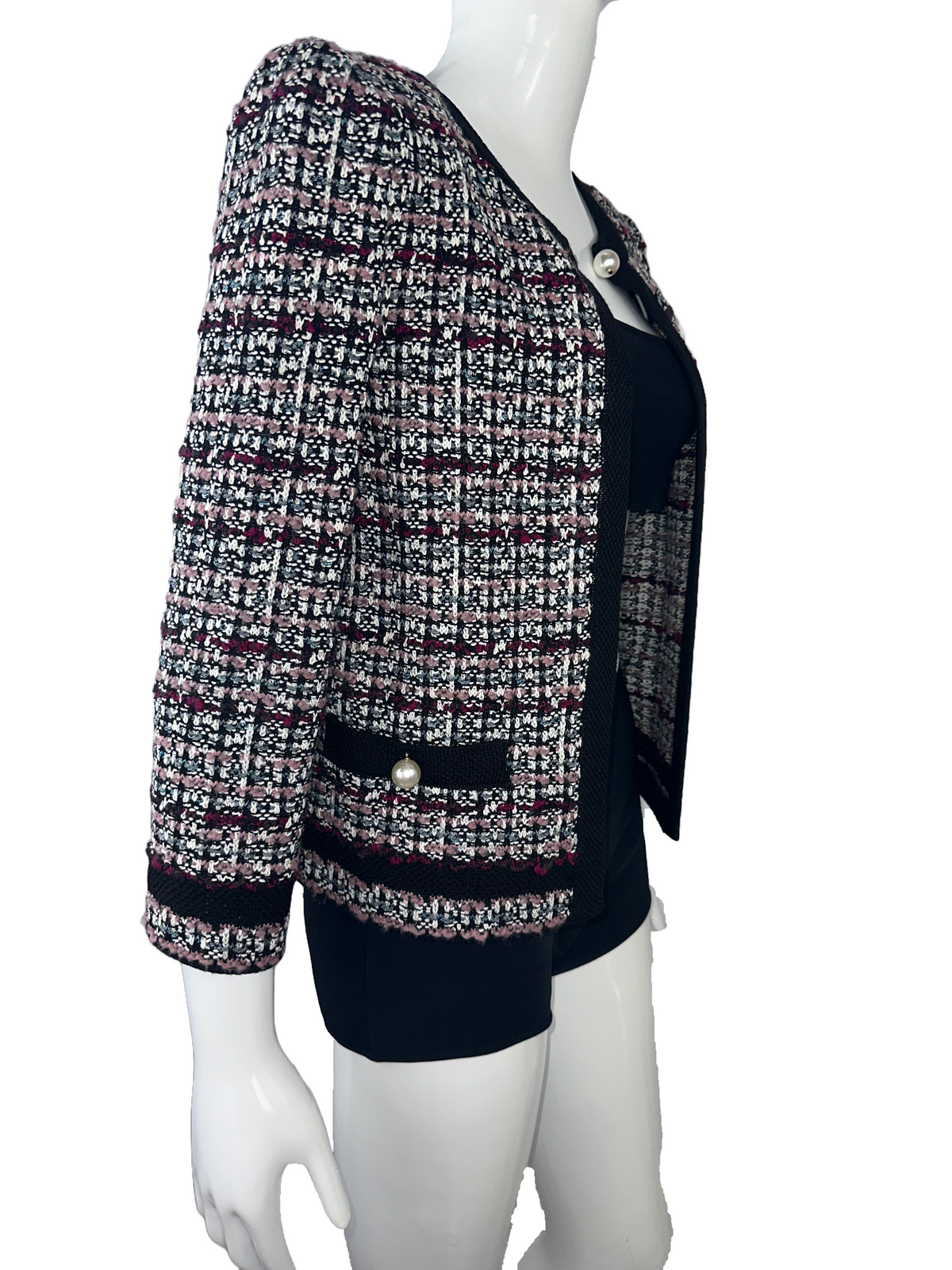 St.John white black pink blue cardigan with pearly bead - size 36