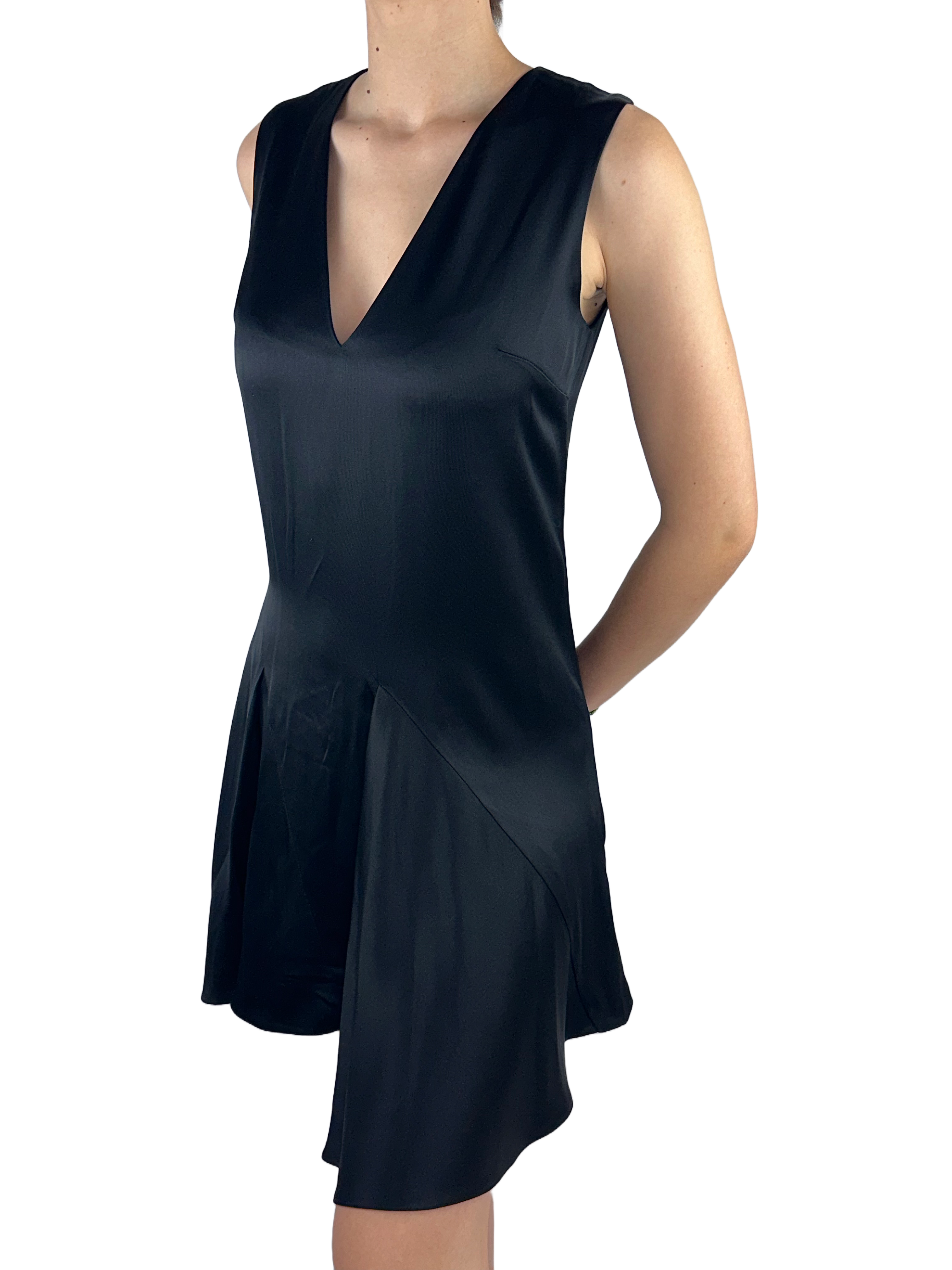 Dior black silk satin V-neck sleeveless flared short dress - size 36