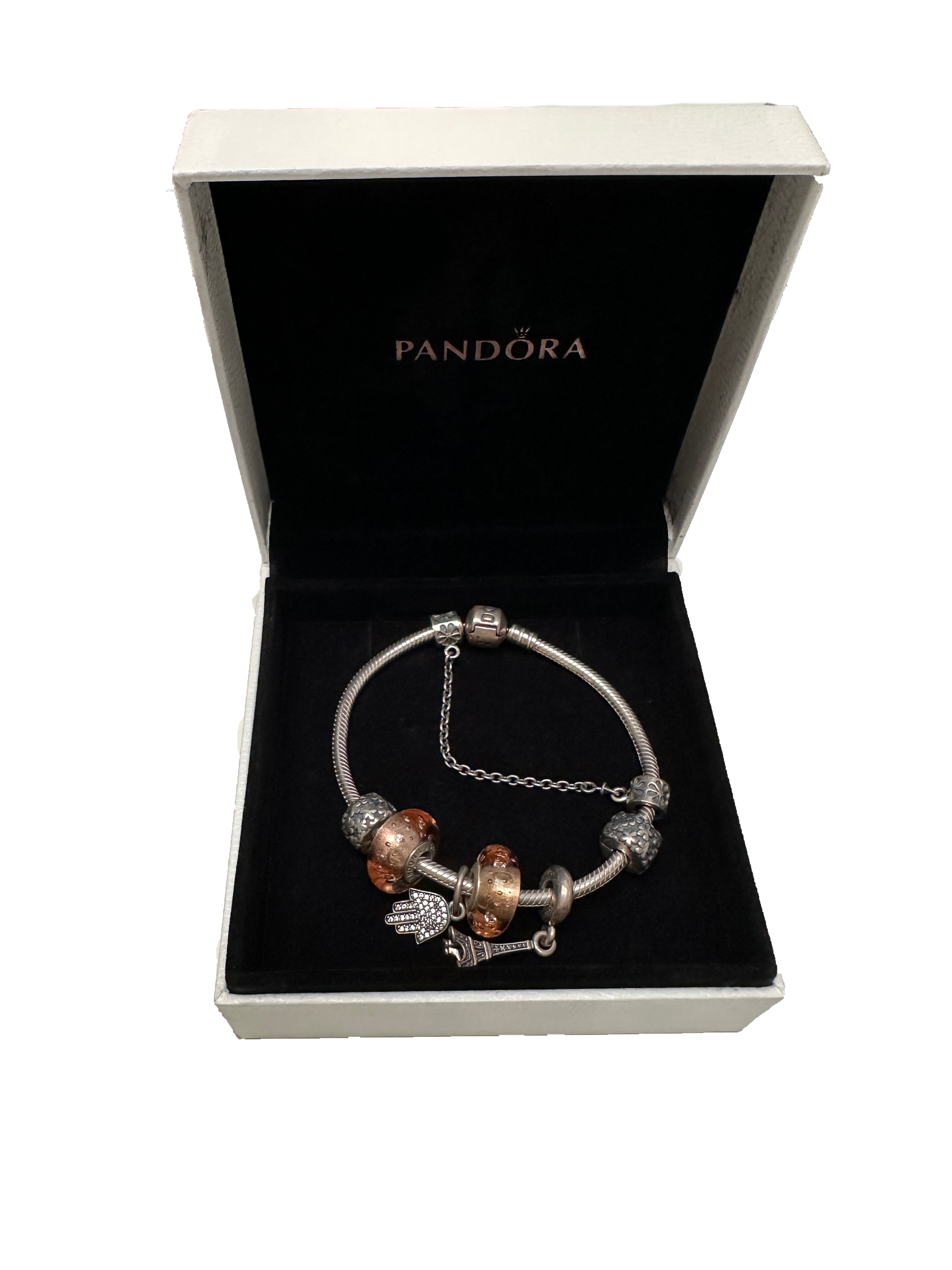 Pandora silver bracelet with 5 charms