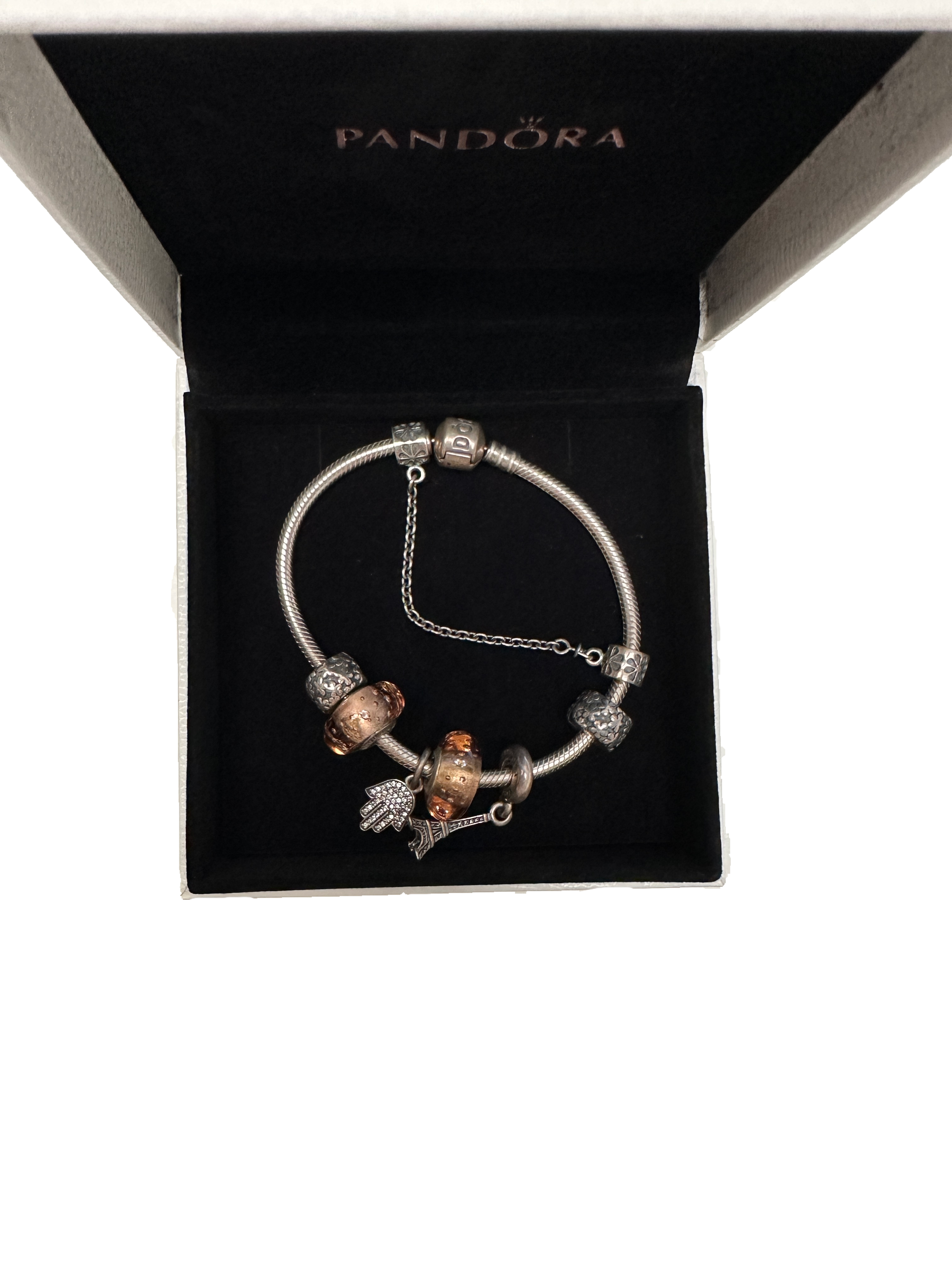 Pandora silver bracelet with 5 charms