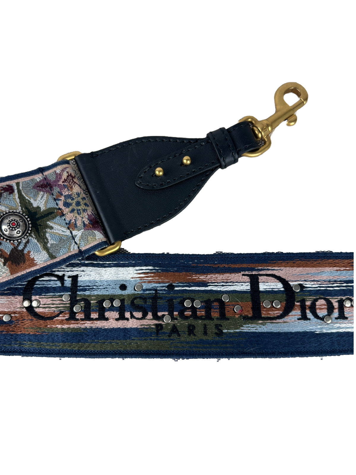 Dior shoulder strap embroidered leather/canvas/metal blue & pink