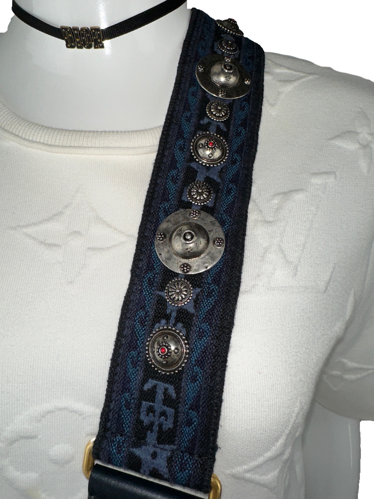 Dior shoulder strap embroidered leather/canvas/metal blue